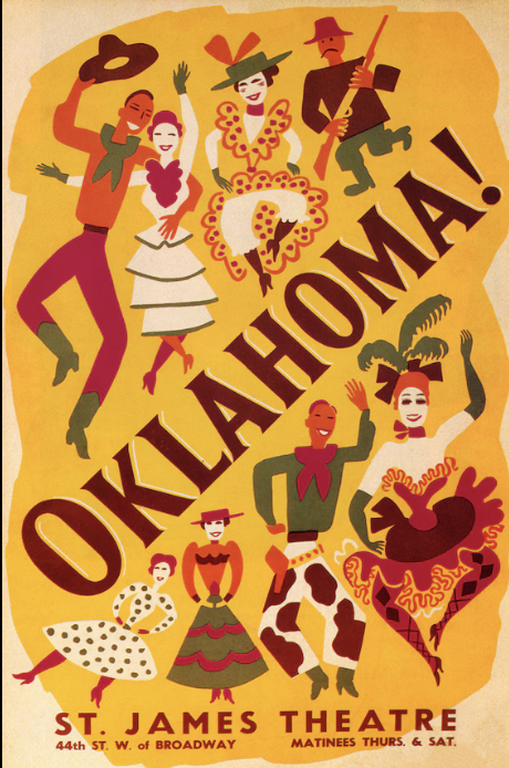 Vintage Oklahoma! Broadway musical poster featuring colorful dancers in costumes and the title Oklahoma! in large letters, promoting performances at St. James Theatre.