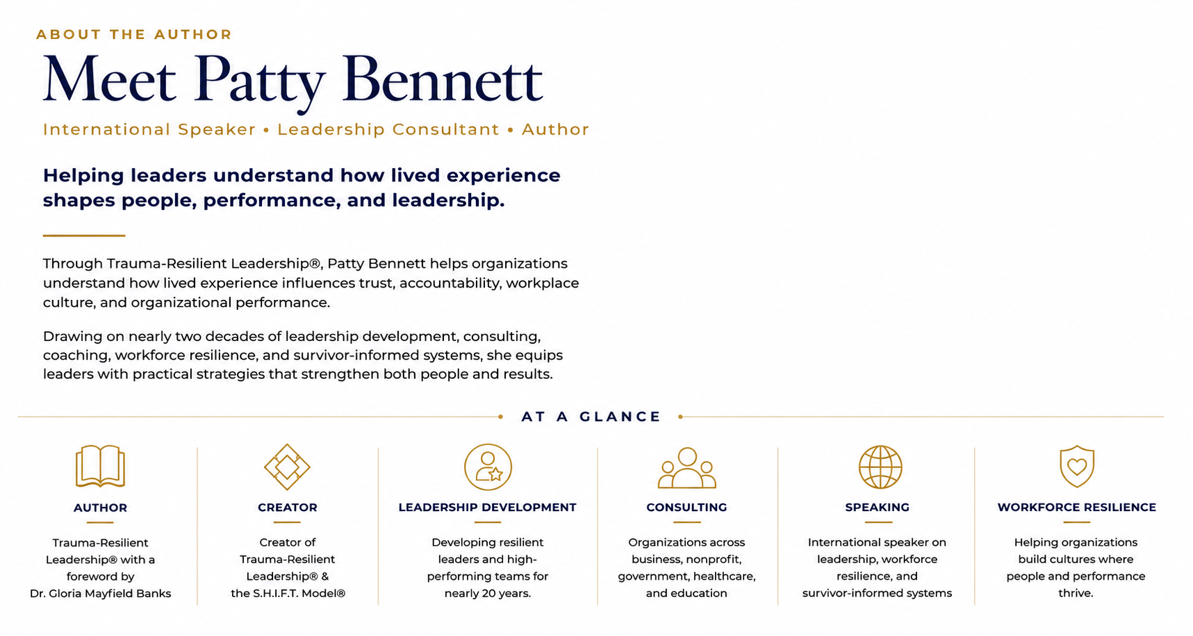 Patty Bennett, international speaker, leadership consultant, and author, introducing her work in Trauma-Resilient Leadership®, workplace culture, workforce resilience, and organizational performance.