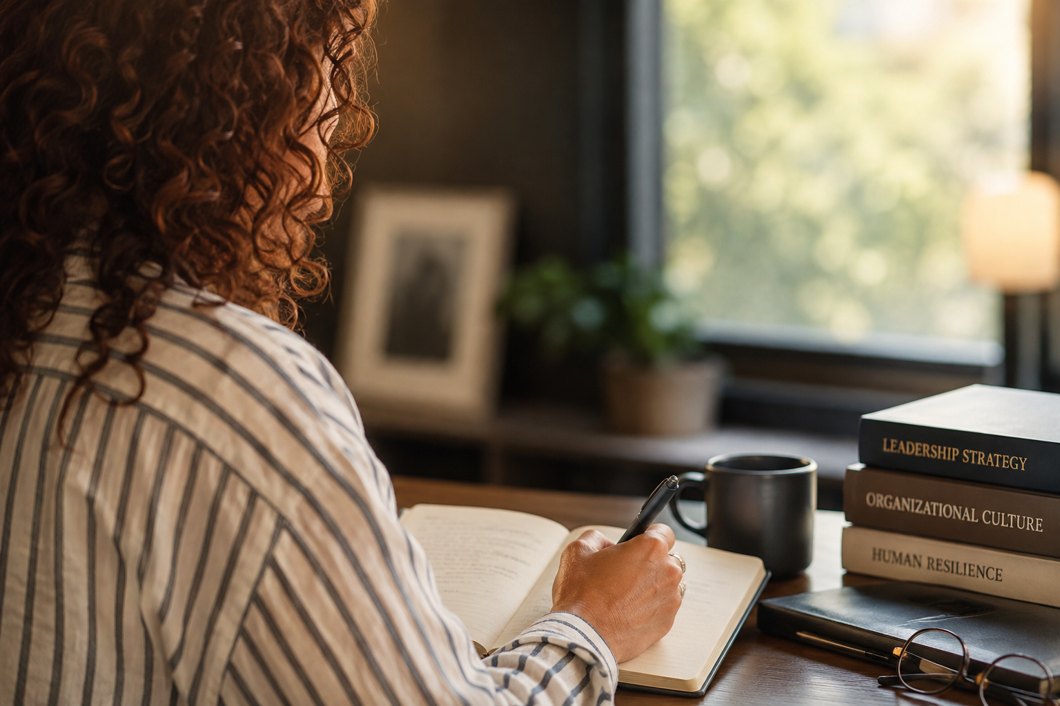 Leader reflecting before making decisions, illustrating the Trauma-Resilient Leadership® approach of understanding the experiences that shape people at work.