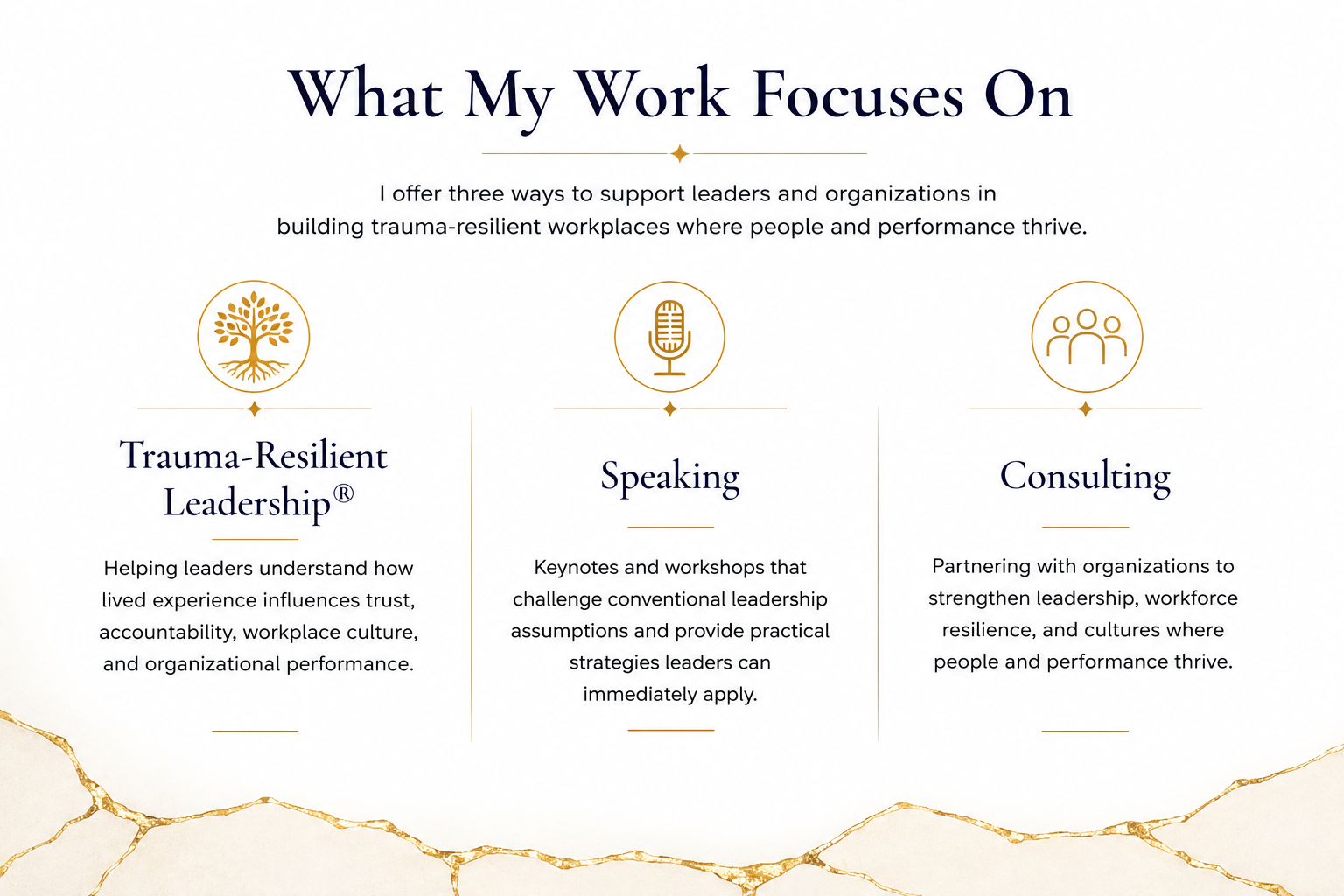 Three areas of Patty Bennett’s work: Trauma-Resilient Leadership® training, keynote speaking and workshops, and organizational consulting focused on leadership, workforce resilience, workplace culture, and performance.