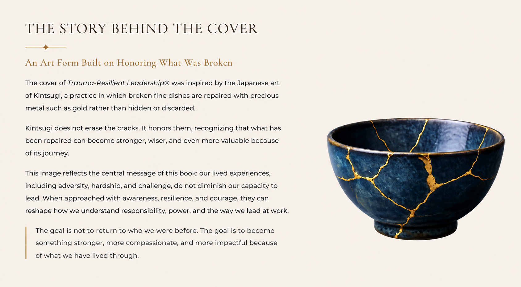 Blue kintsugi bowl inspired by Trauma-Resilient Leadership®, symbolizing how lived experience, resilience, and growth can strengthen leaders