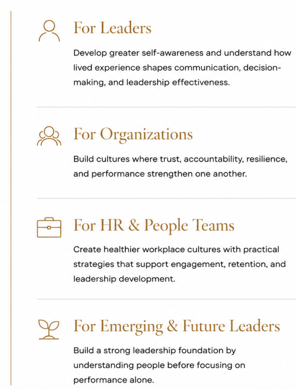 Trauma-Resilient Leadership® audiences including leaders, organizations, HR professionals, and emerging leaders.