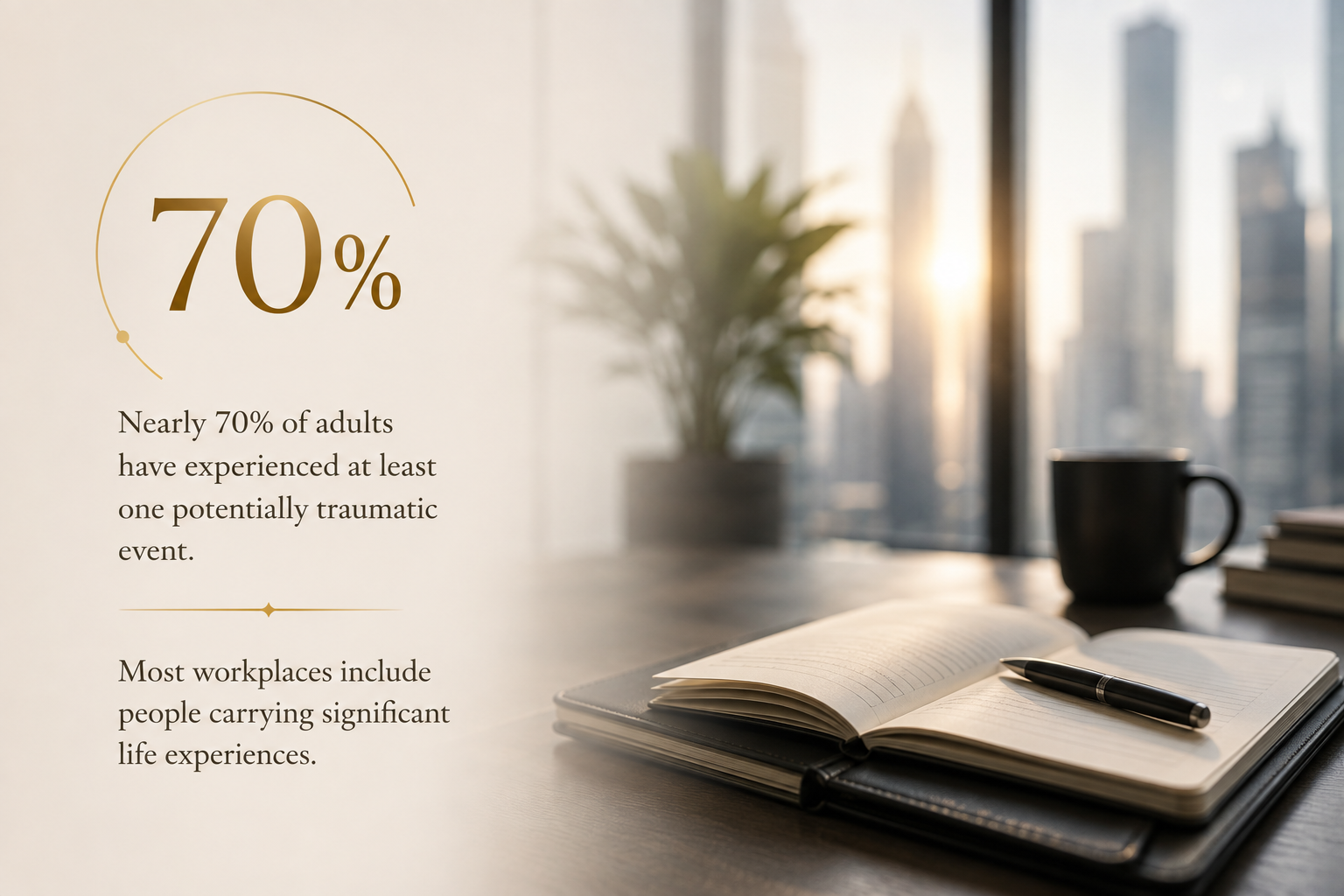Illustration showing that nearly 70% of adults have experienced at least one potentially traumatic event, reinforcing the importance of Trauma-Resilient Leadership® in today's workplaces.