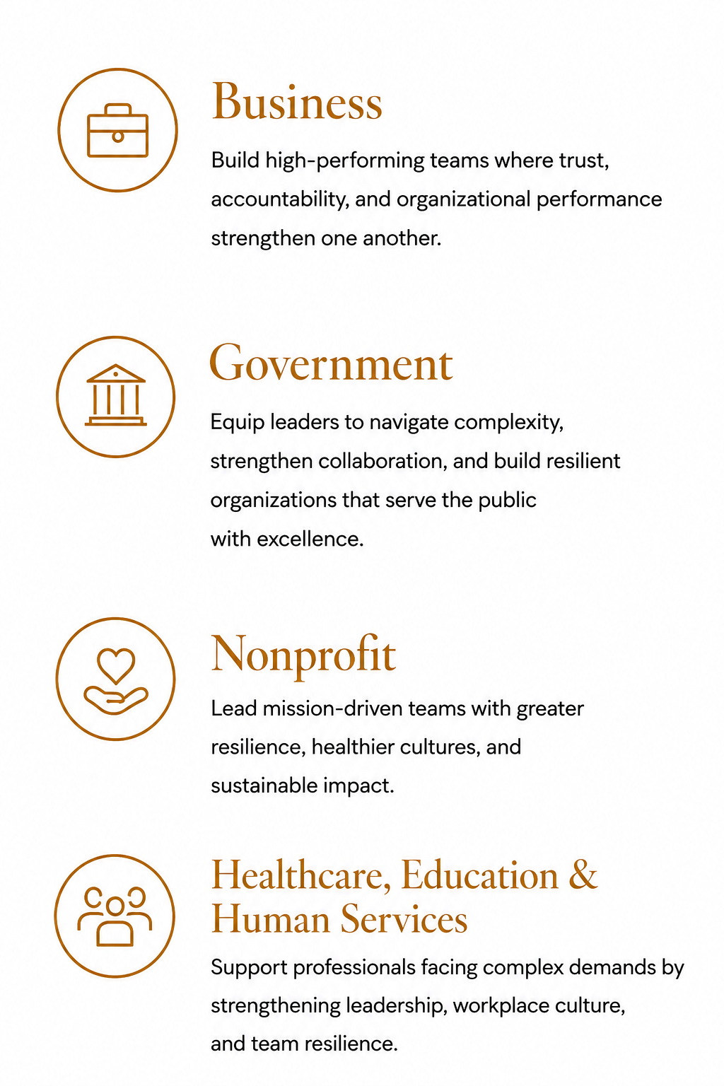 Illustration showing the industries served by Trauma-Resilient Leadership®, including business, government, nonprofit, healthcare, education, and human services.
