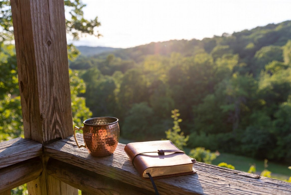 A copper mug and a closed leather-bound journal resting on a wooden railing of a deck overlooking a lush green forest during sunrise or sunset.