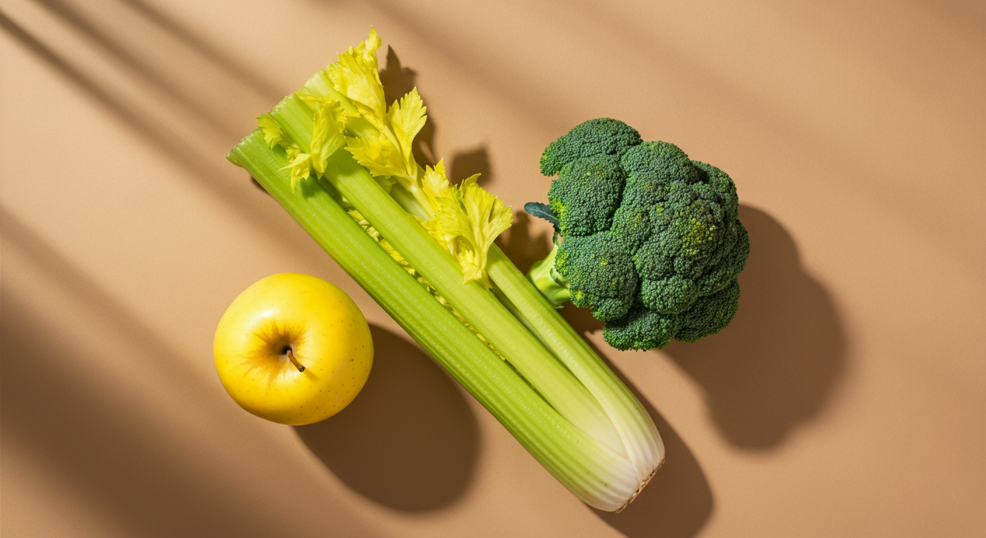 A yellow apple, a head of celery, a stalk of celery, and a bunch of broccoli on a tan background with shadows.