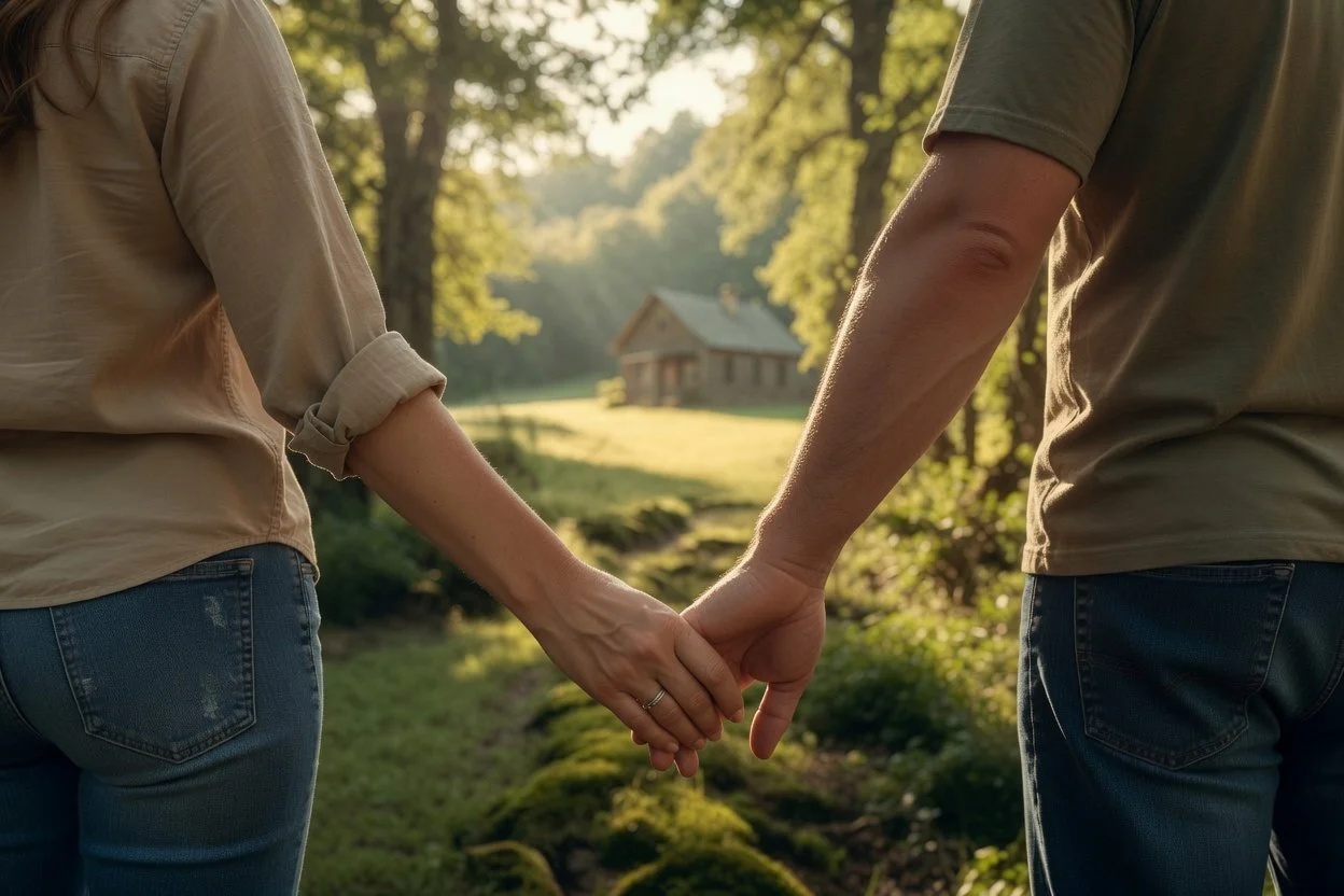 A couple holding hands outdoors on a sunny day, with a house visible in the background surrounded by trees and greenery.