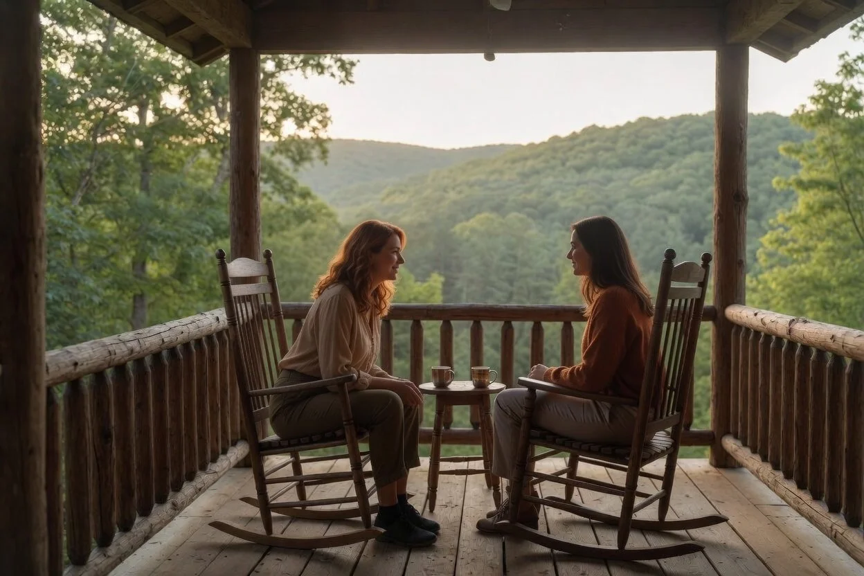 Two women sitting on rocking chairs on a wooden porch, having a conversation with cups of coffee or tea on a small table between them, overlooking lush green mountains.