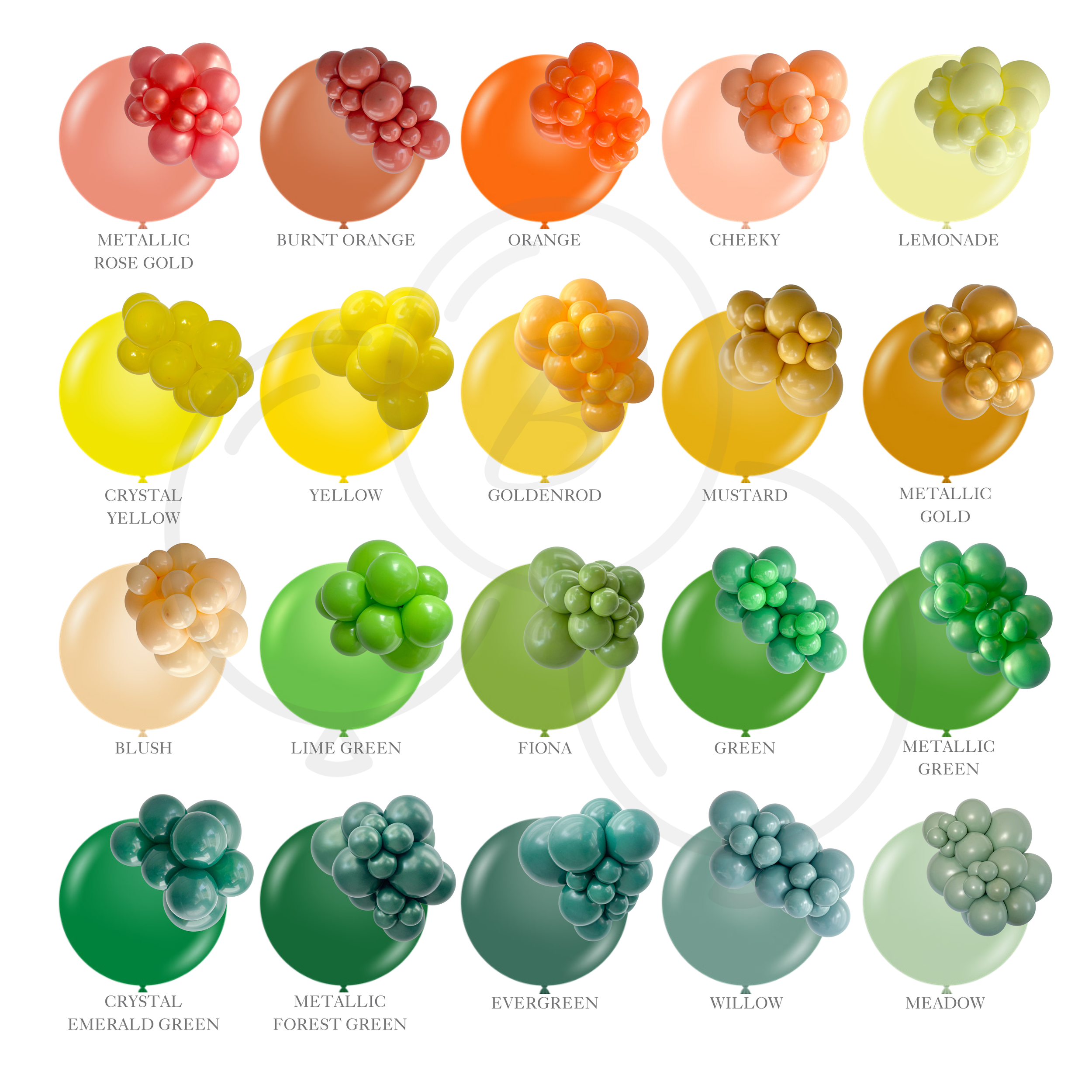 Buoyant Bloom balloon color guide featuring orange, yellow, gold, lime, emerald, forest green, and muted green shades.