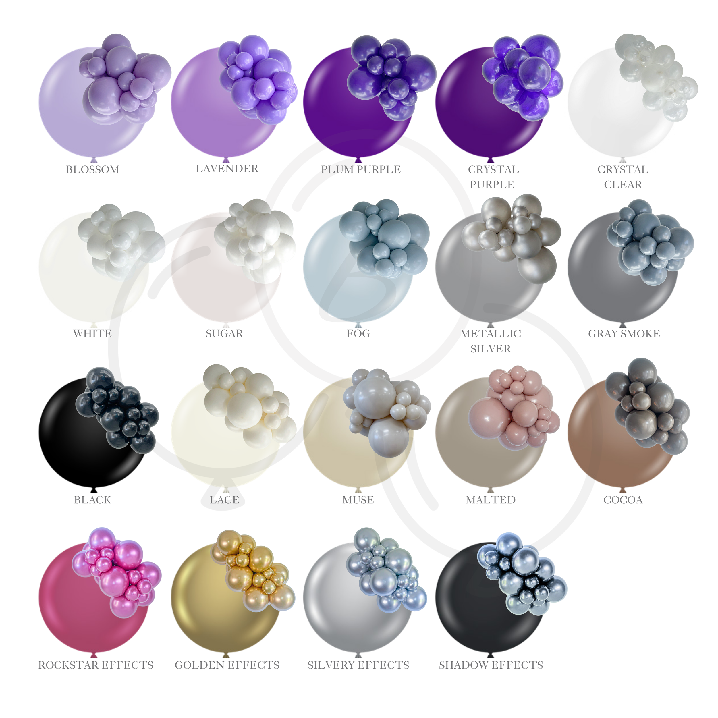 Buoyant Bloom balloon color guide featuring purple, white, gray, black, brown, metallic, and special-effect shades.