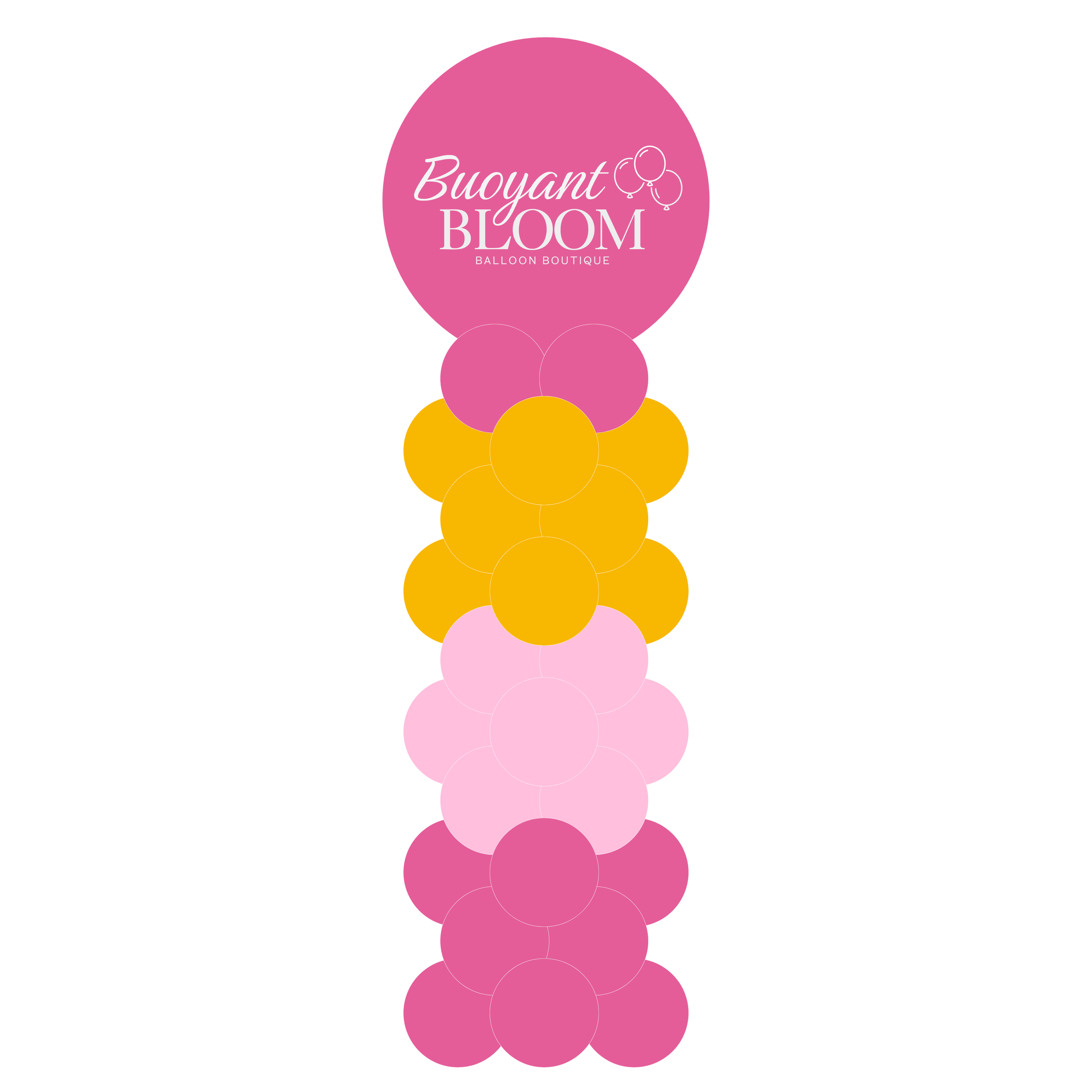 Digital mockup of an 8-foot color-block balloon column in pink, light pink, and gold with a personalized topper.