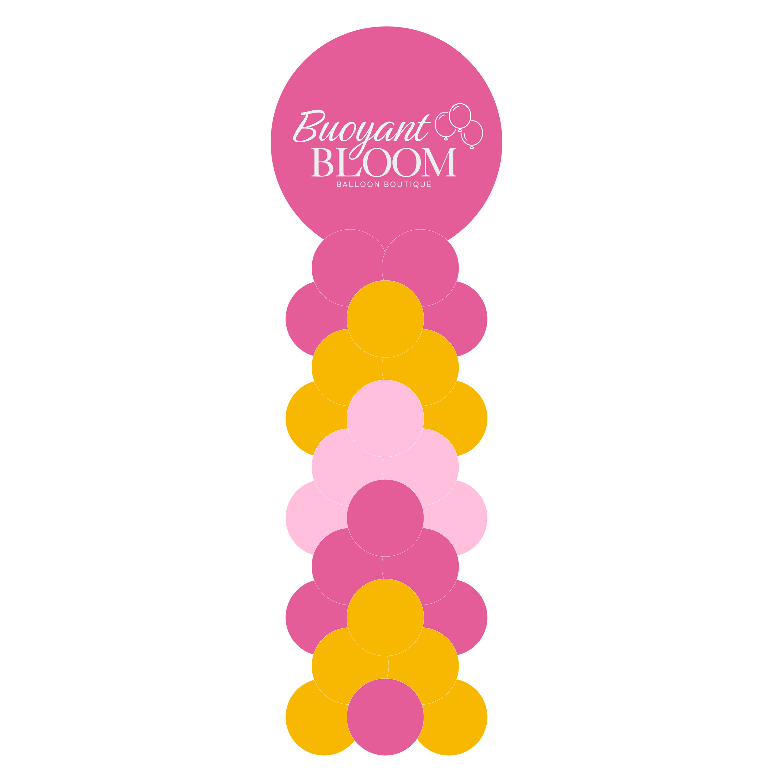 Digital mockup of an 8-foot chevron-pattern balloon column in pink, light pink, and gold with a personalized topper.