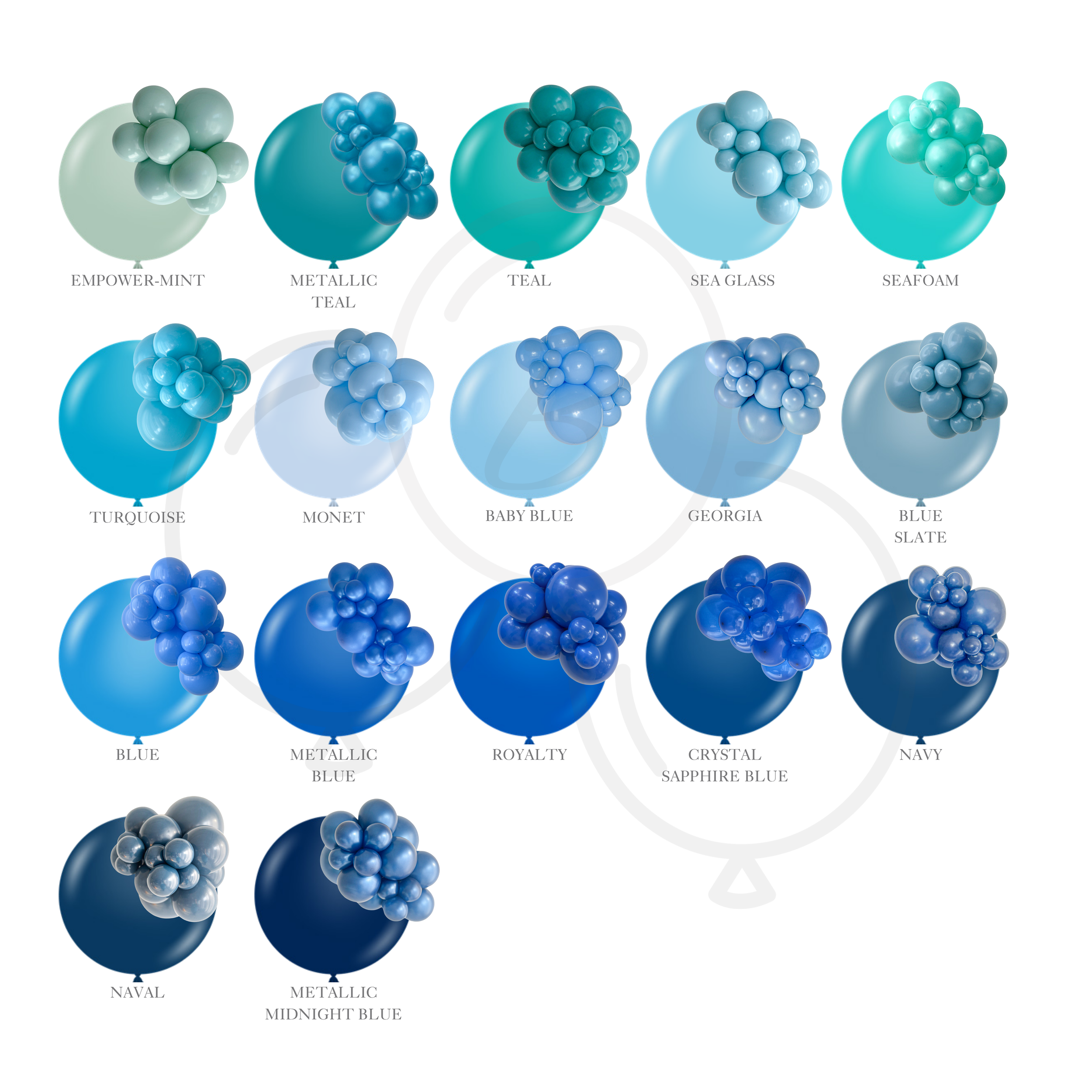 Buoyant Bloom balloon color guide featuring mint, teal, turquoise, light blue, royal blue, sapphire, and navy shades.