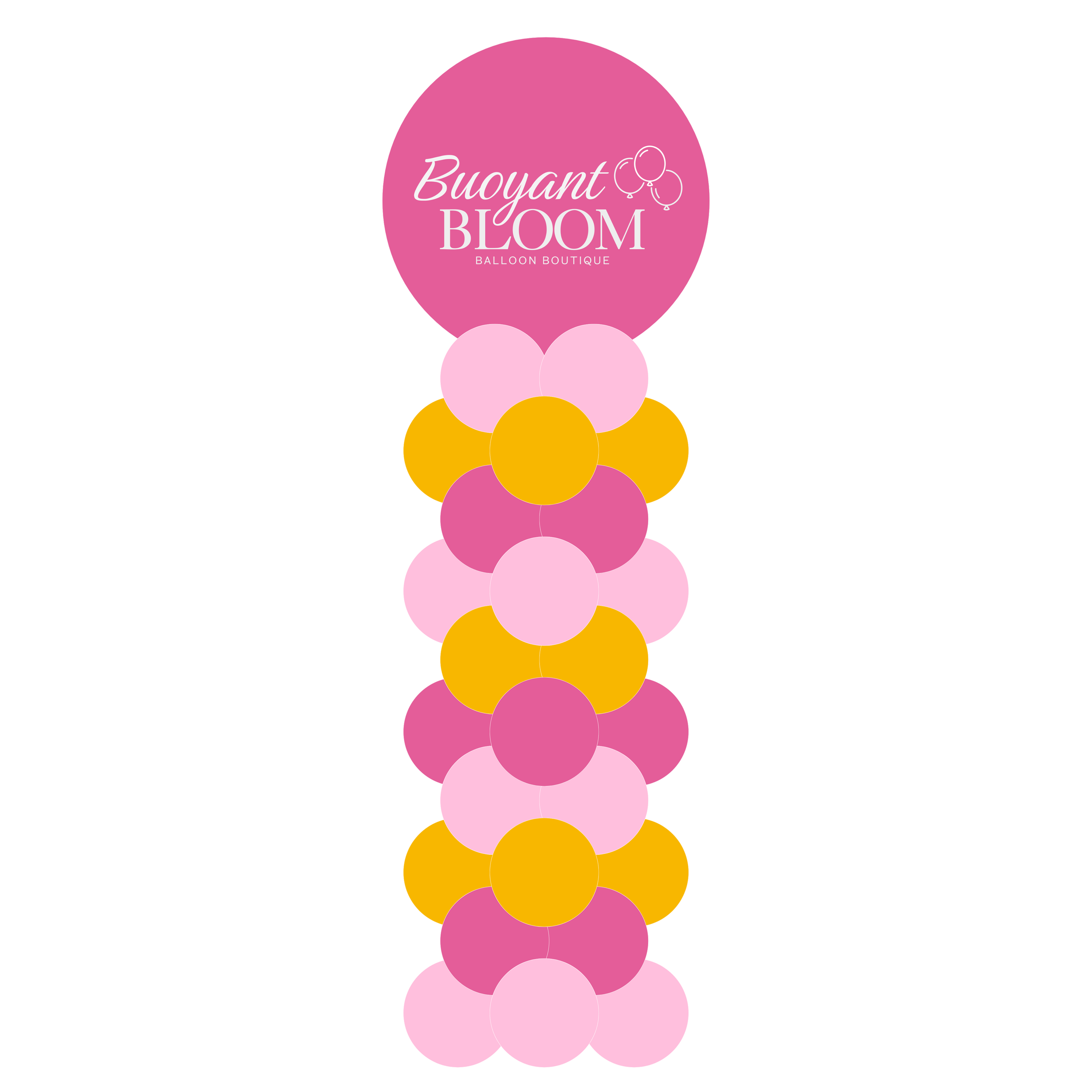 Digital mockup of an 8-foot alternating balloon column in pink, light pink, and gold with a personalized topper.