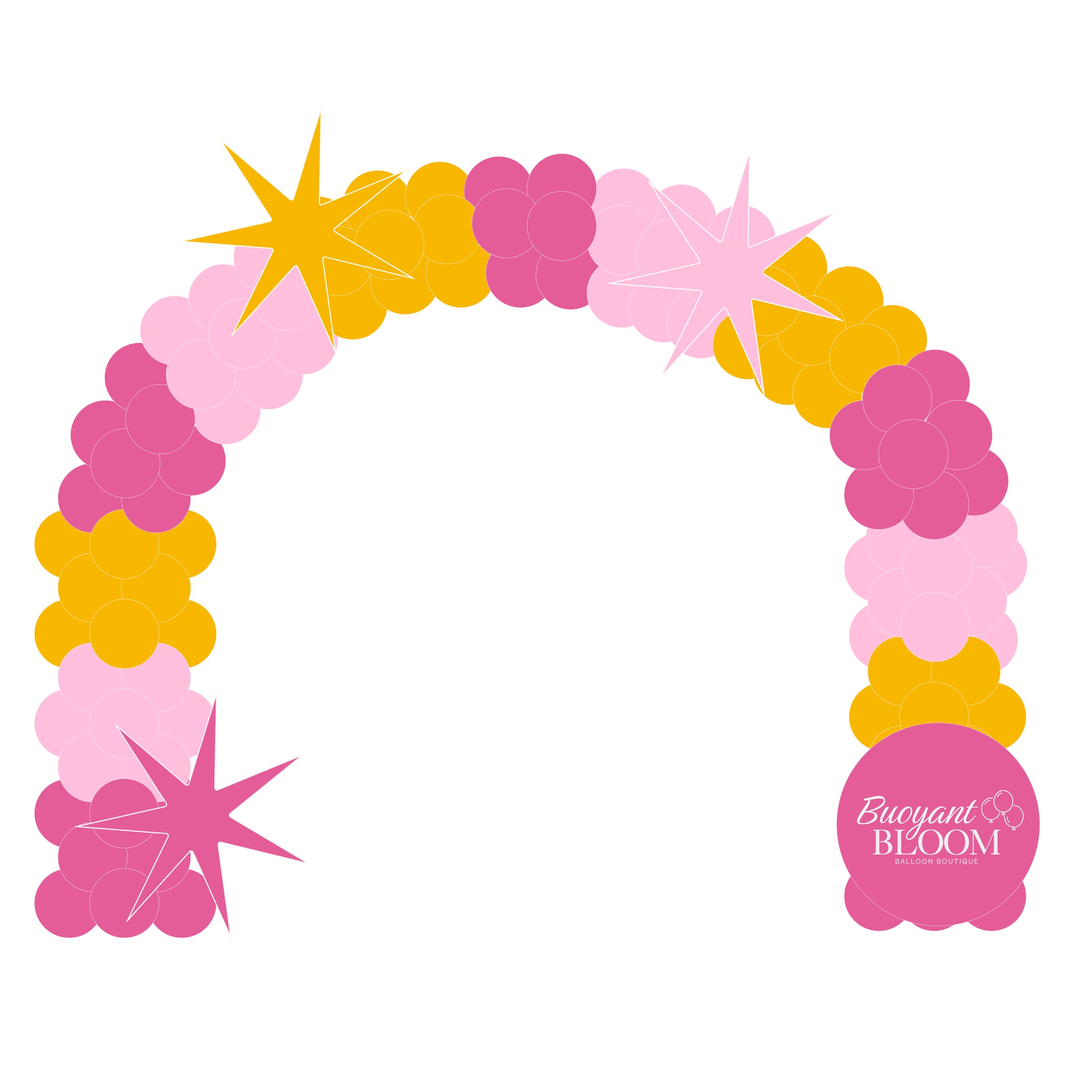 Digital mockup of a color-block classic balloon arch in pink, light pink, and gold with starburst accents.