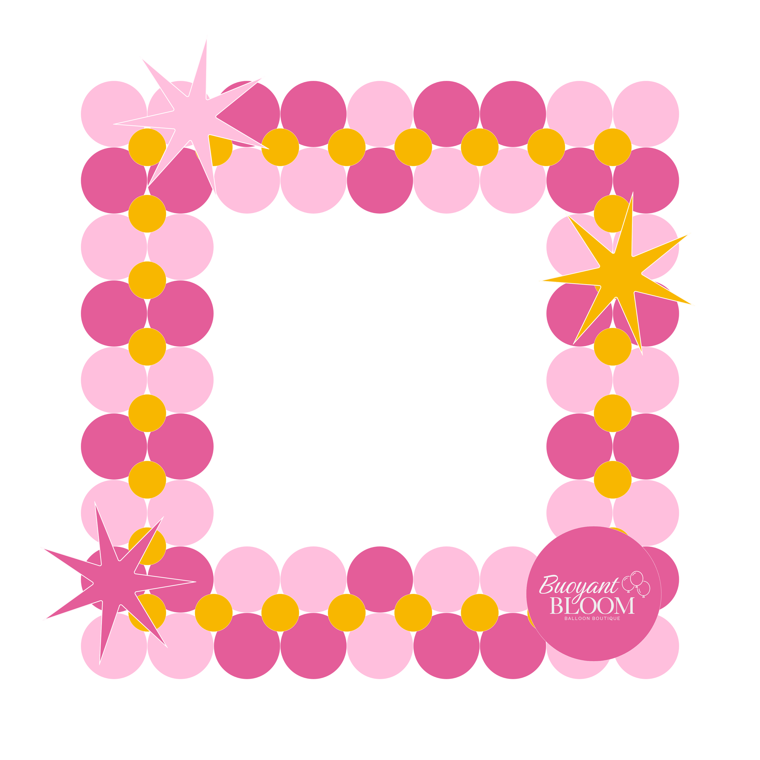 Digital mockup of an alternating pink, light pink, and gold balloon photo frame with starburst accents.