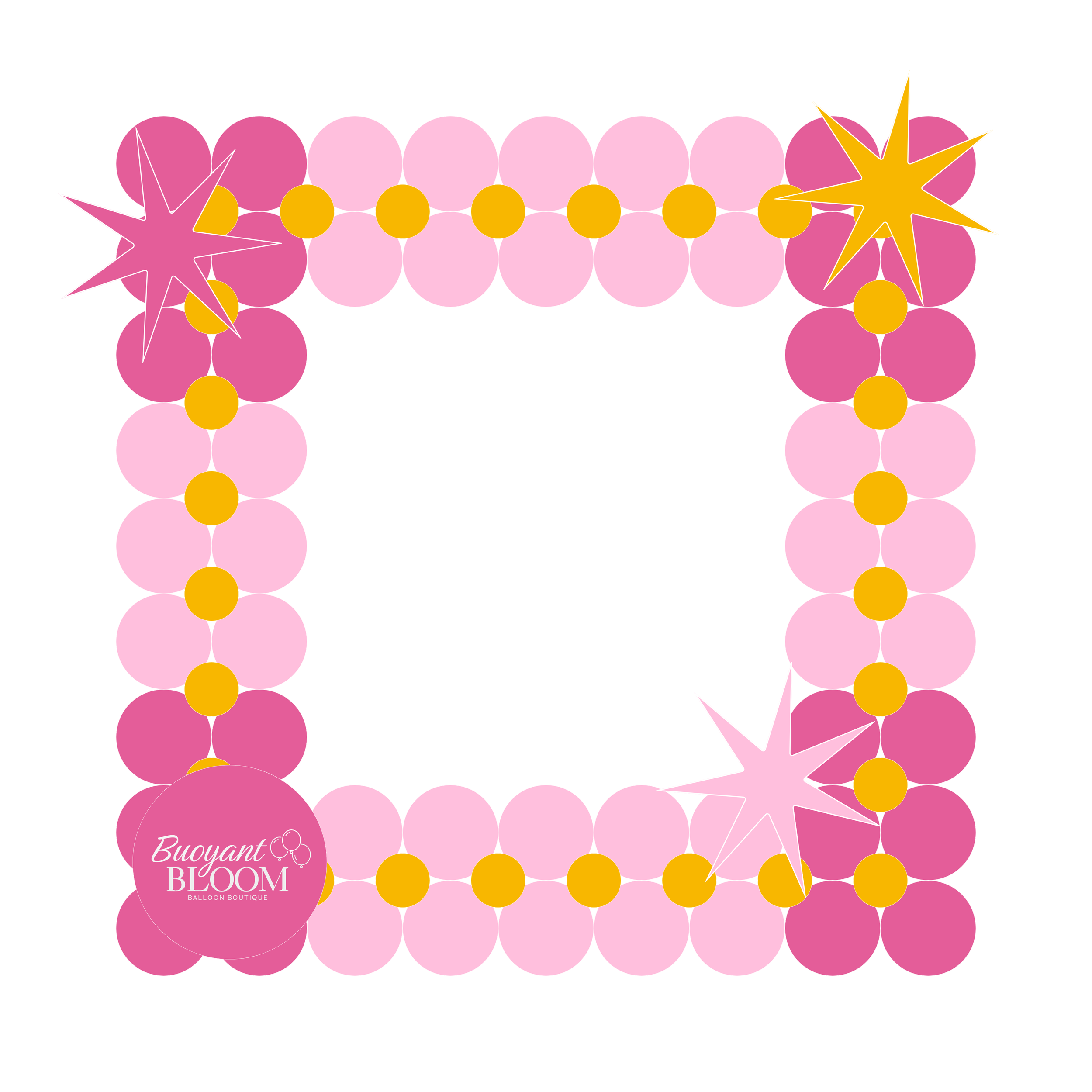 Digital mockup of a color-block pink, light pink, and gold balloon photo frame with starburst accents.