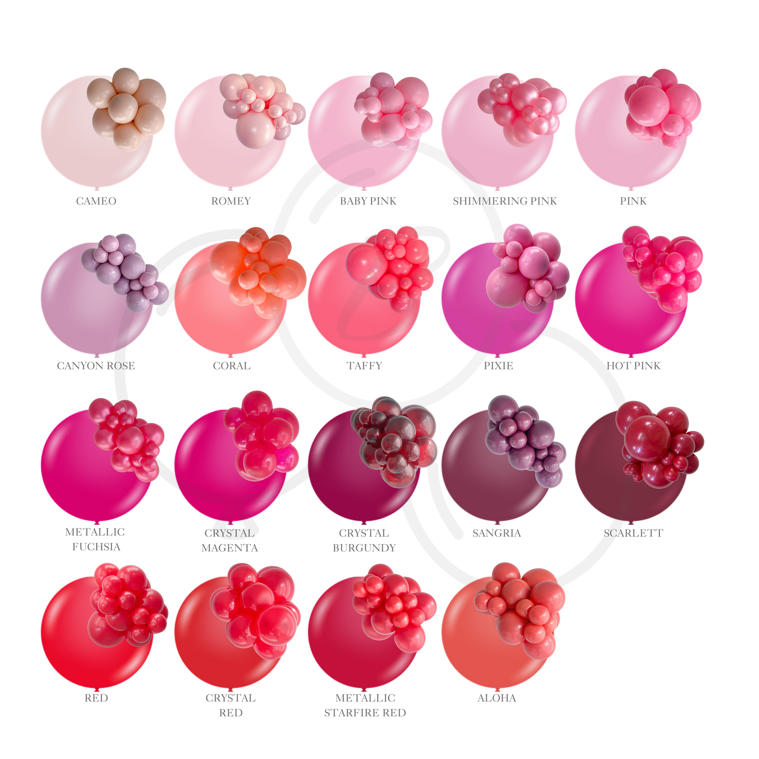 Buoyant Bloom balloon color guide featuring blush, pink, coral, hot pink, burgundy, and red shades.