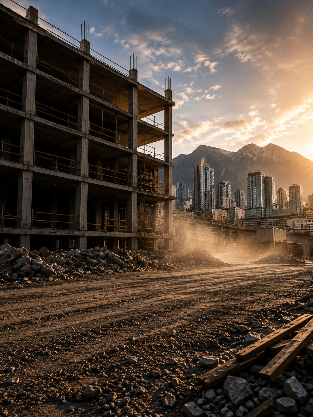 Construction site with a partially built multi-story concrete building, city skyline with tall buildings, mountains in the background, and dirt and rocks on the ground at sunset.