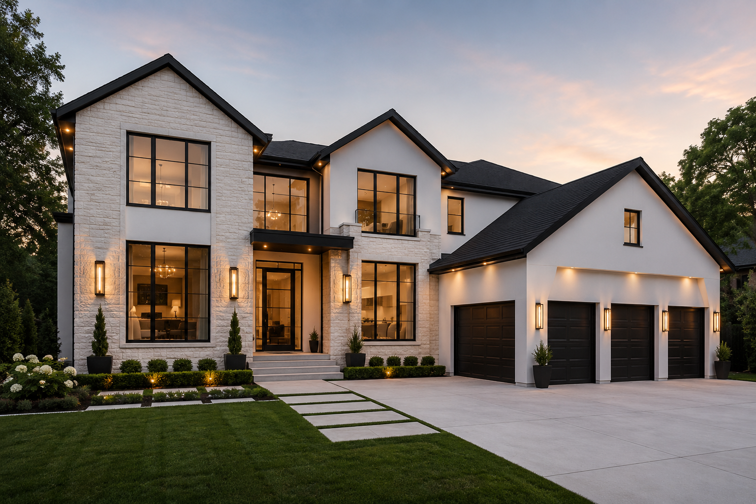 Modern two-story house with large windows, a three-car garage, well-manicured lawn, and outdoor lighting, during dusk.