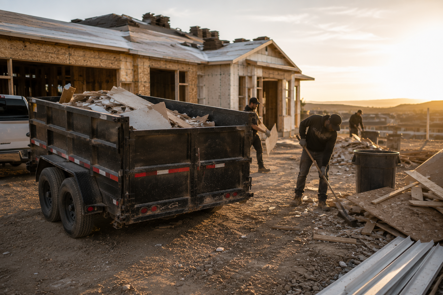 Workers at a construction site at sunset, demolishing a house with a trailer filled with debris and building materials.