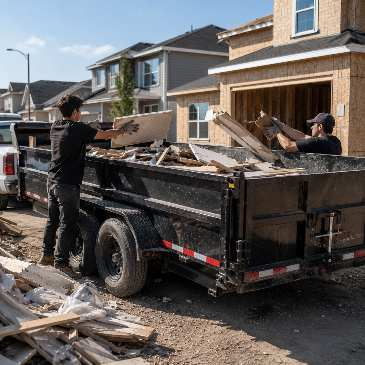 Two men are loading debris into a black dump trailer parked in front of a partially built house with timber framing. One man, standing outside the trailer, is throwing debris in, while the other inside the trailer is handing debris to him. The scene is set in a residential neighborhood under a blue sky.