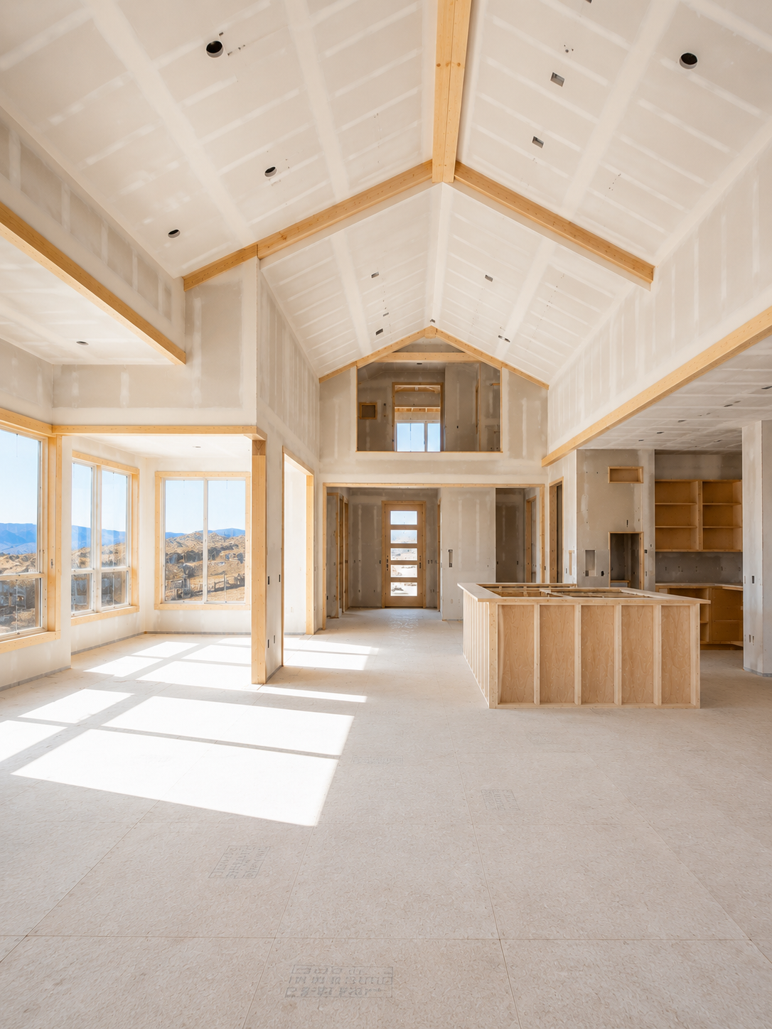 Interior of a house under construction with unfinished walls, a high vaulted ceiling, large windows, and an open floor plan.