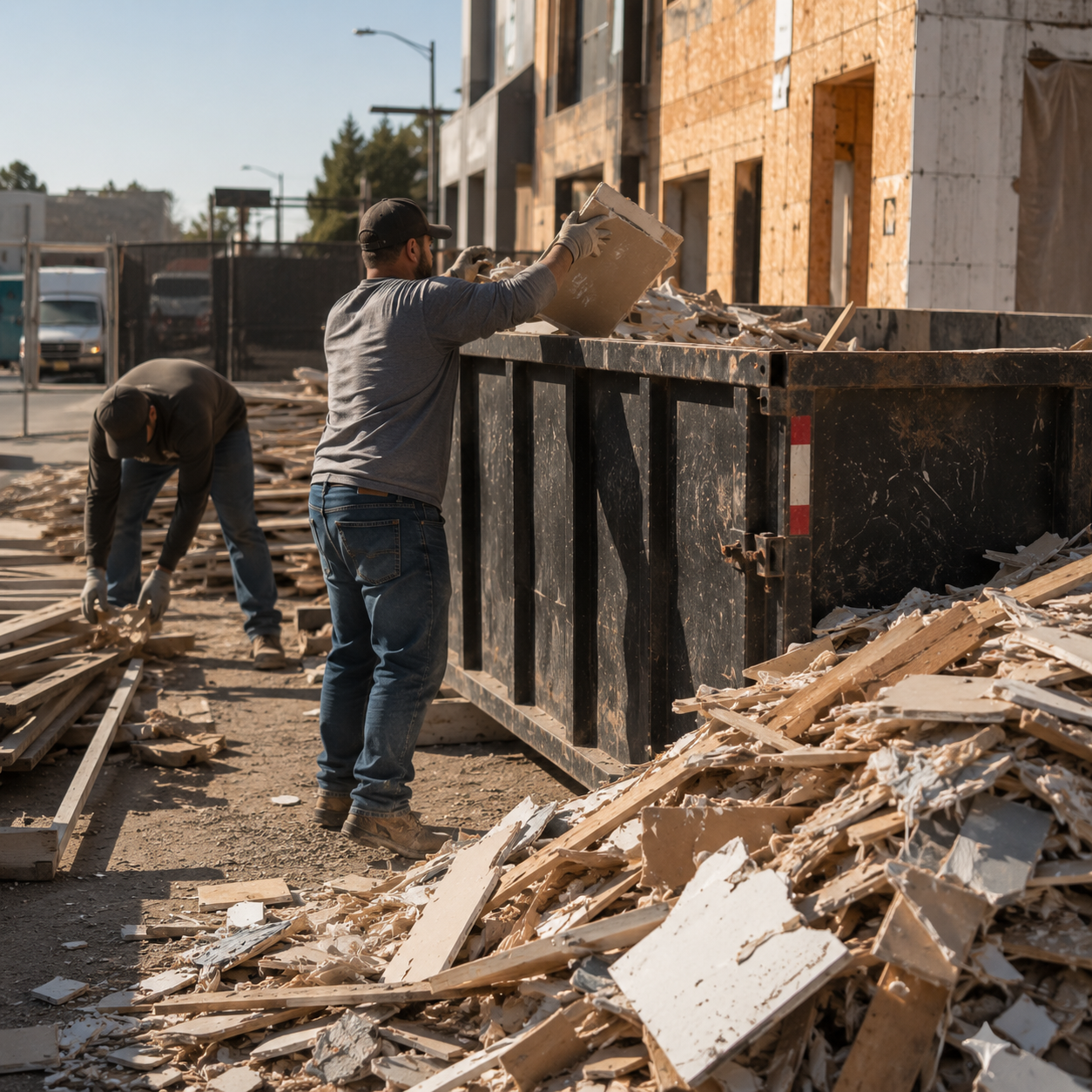 Two men working at a construction site, tearing down a building with debris and a large dumpster.