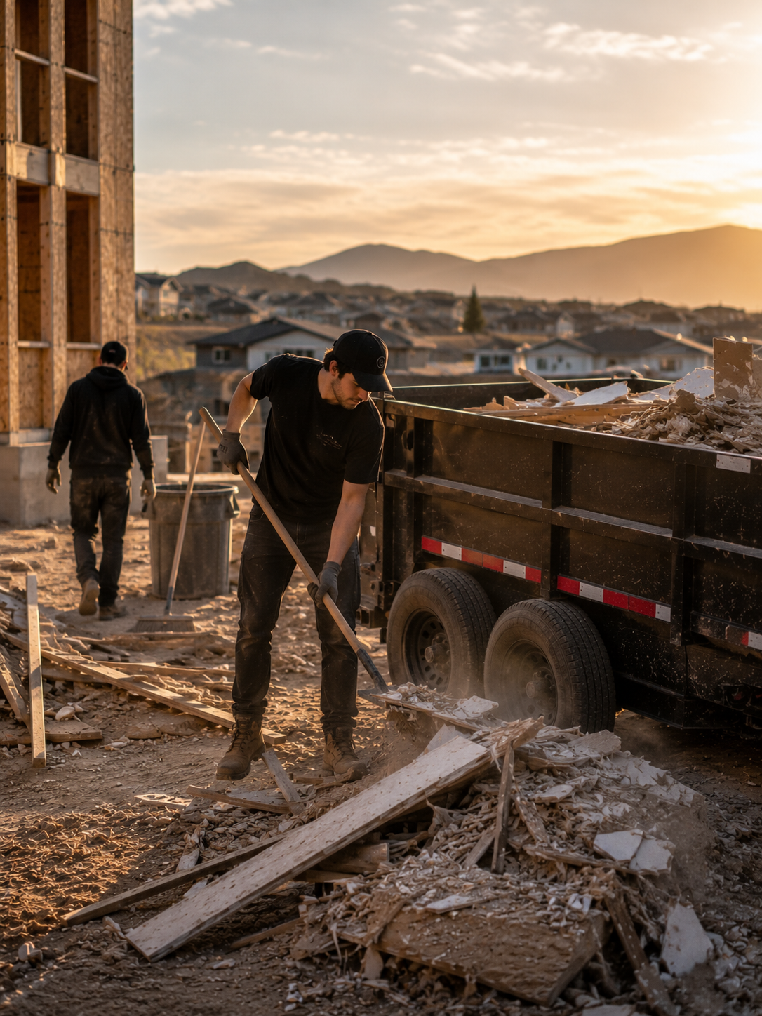 Two construction workers clearing debris at a construction site during sunset, with a partially built structure, houses, and mountains in the background.