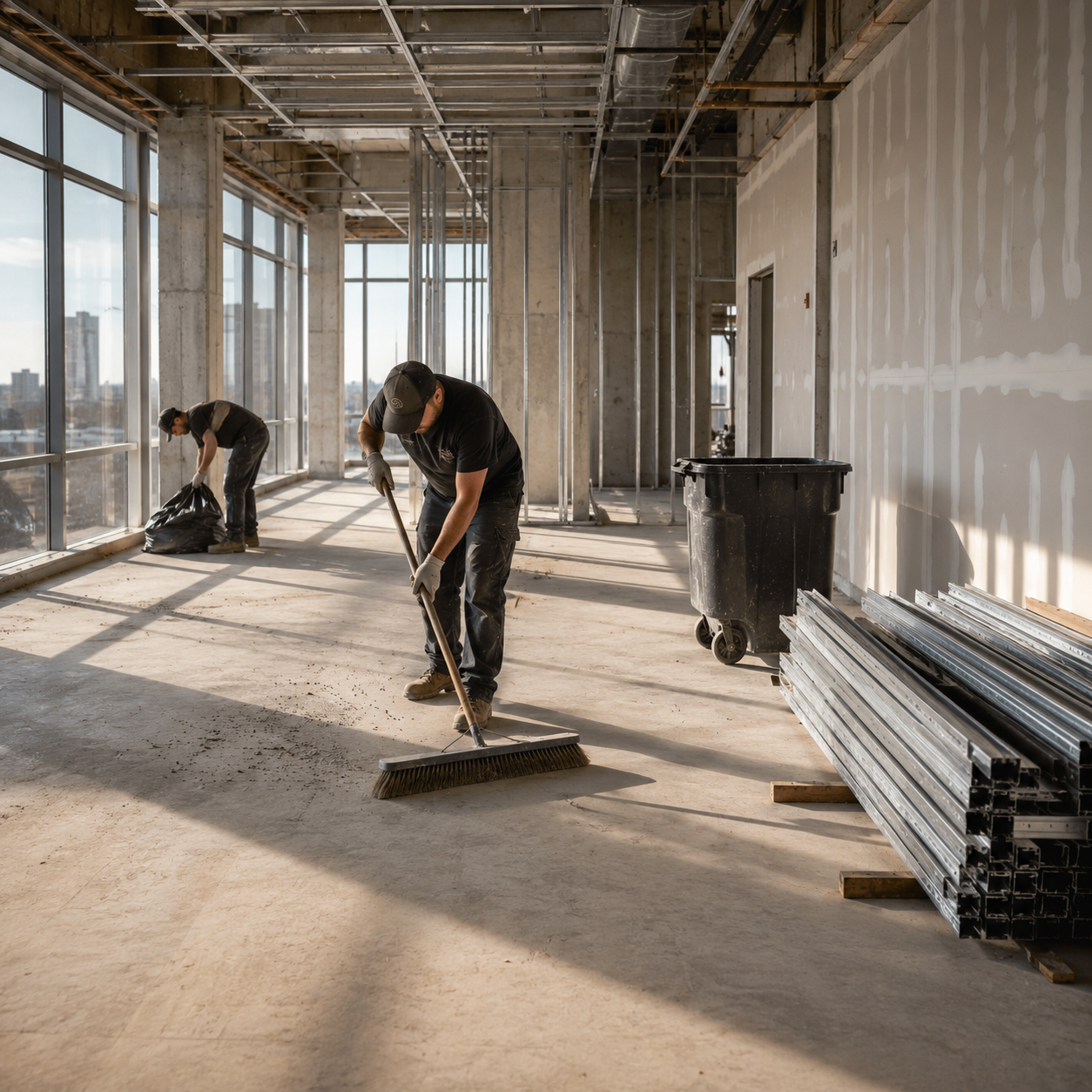 Two workers cleaning the floor of a high-rise construction site with large windows and a city view outside.