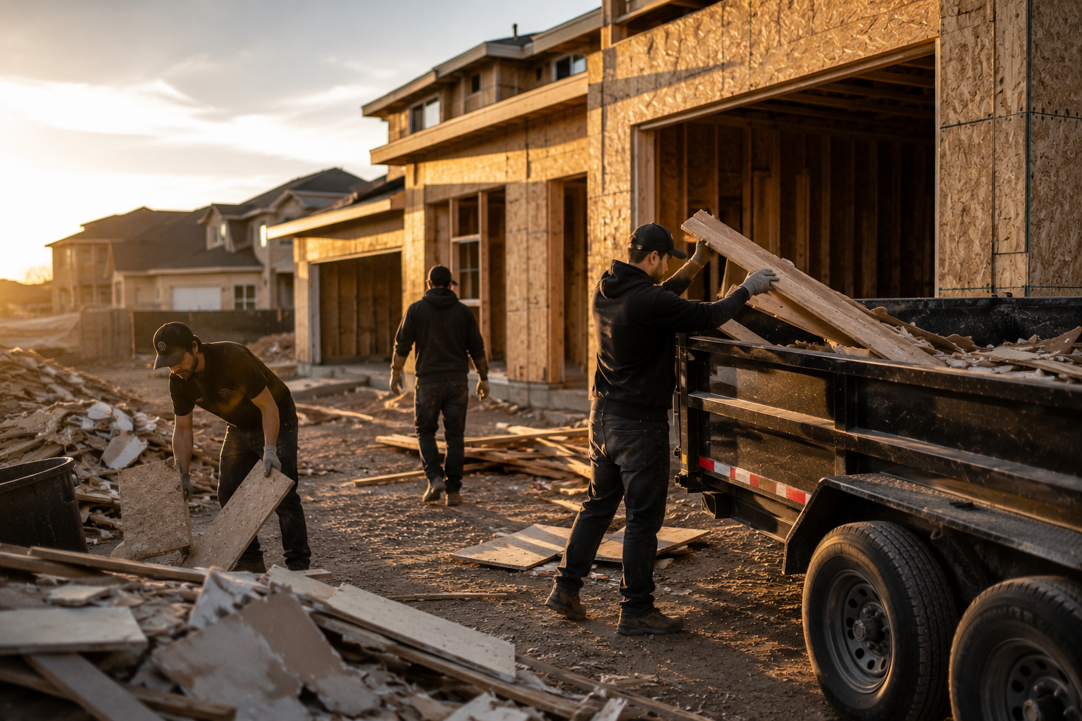 Construction workers building a house during sunset, with wooden frameworks and debris around.