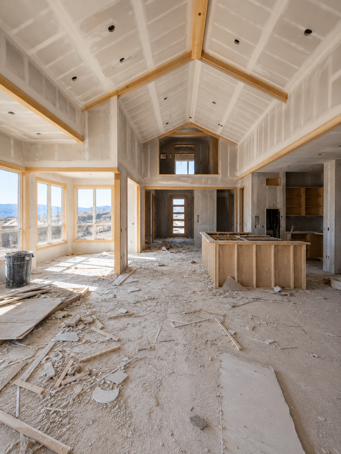 Interior of a house under construction with unfinished drywall, a wooden kitchen island frame, and debris on the dirt floor, overlooking mountains through large windows.