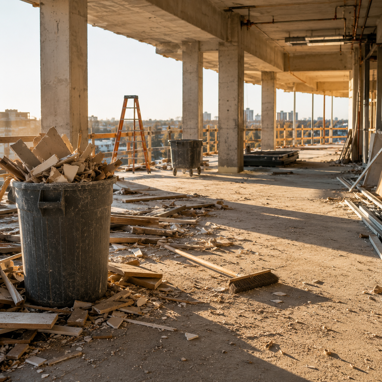 Construction site with debris, trash bin, ladder, broom, and city skyline in the background.