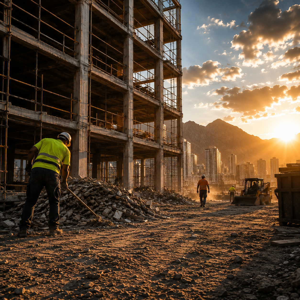 Construction workers working on a building site at sunset with mountains and a city skyline in the background.