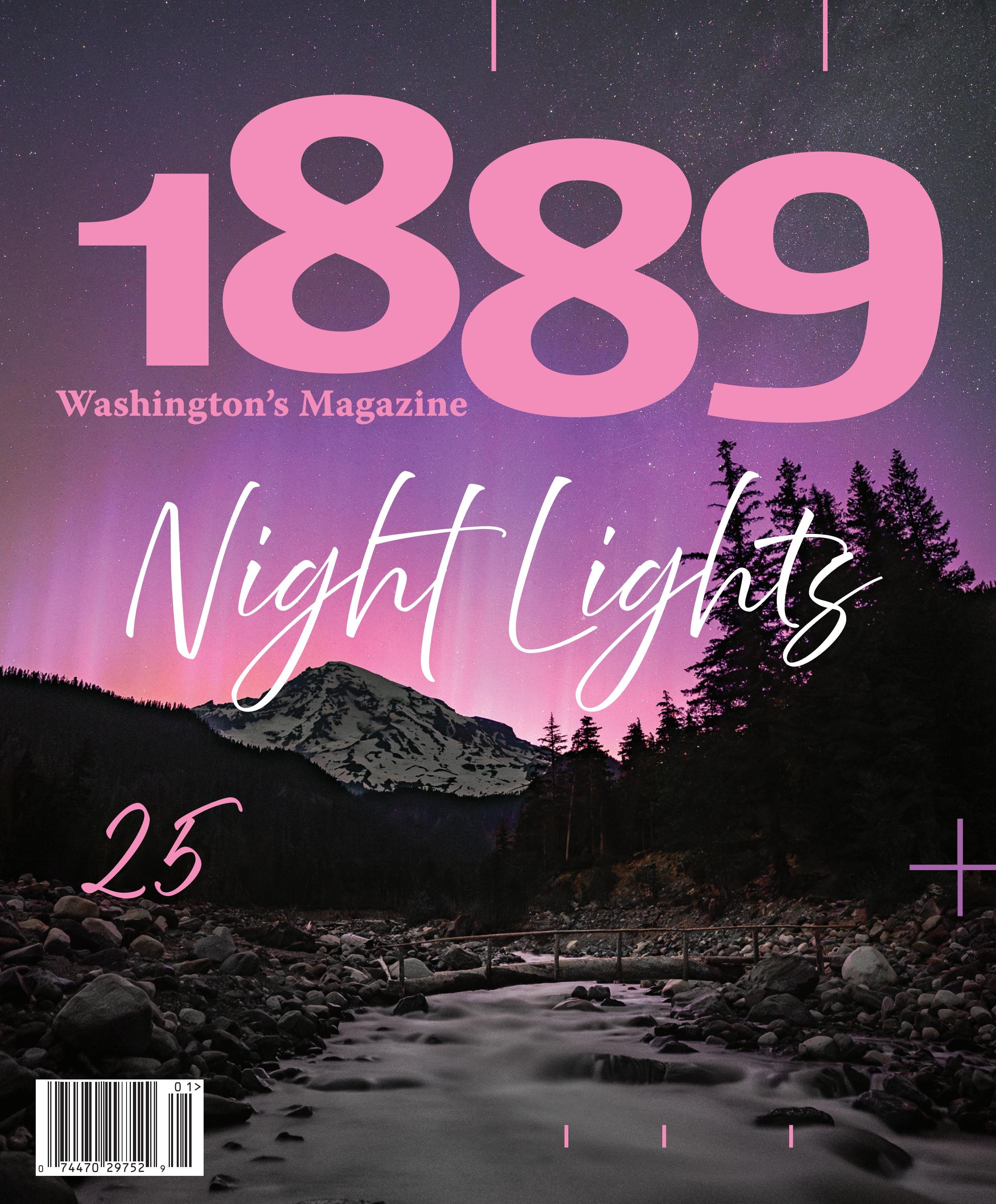 Cover of Washington's Magazine 1899 issue featuring a night sky with stars, a mountain, trees, a river with rocks, and overlaid pink text that reads '1889', 'Washington's Magazine', and 'Night Lights'.