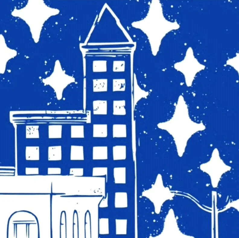 A stylized lblue and white drawing of a cityscape with tall buildings against a starry night sky. Image is next to the "About The Sylvan Hotel" section.