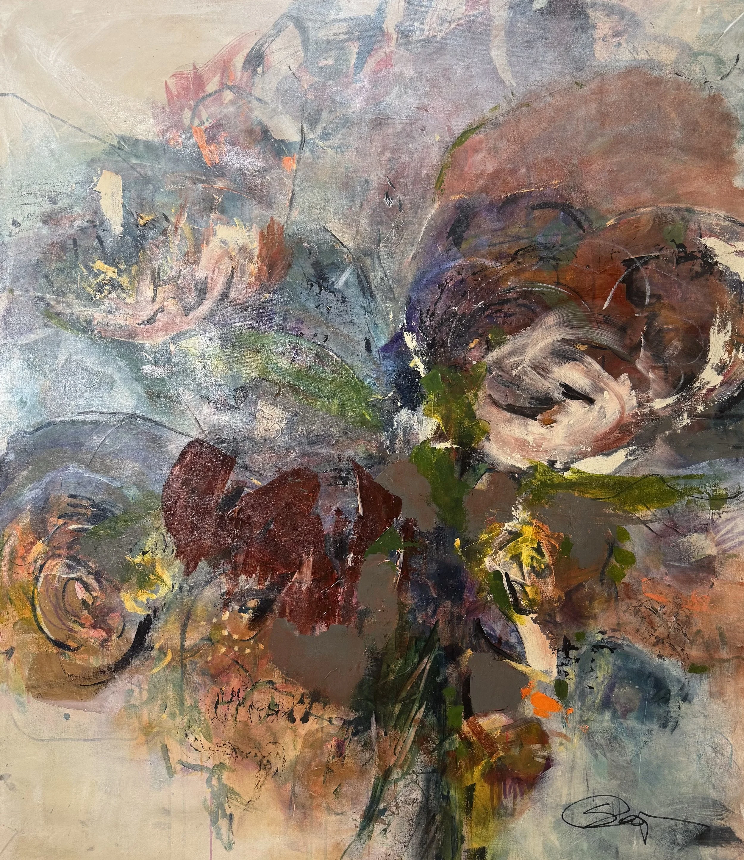 Held in Quiet Orbit
59 in x 49 in
Acrylic/Ink on Raw Canvas