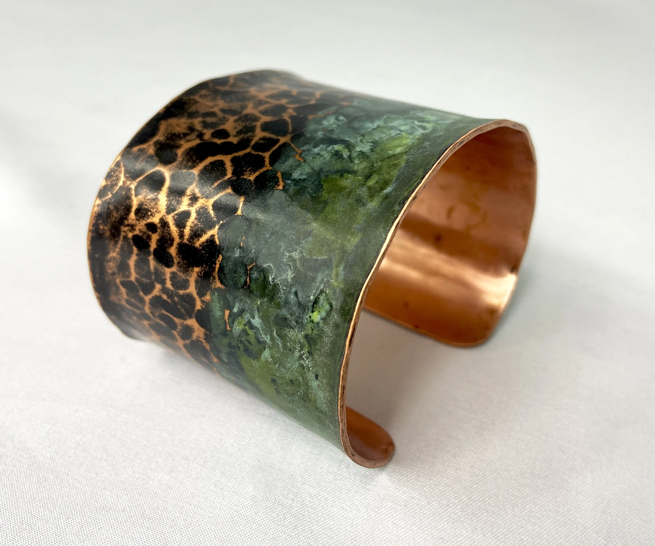 Hammered Flanged Copper Cuff with Green/Antique Patina (2" wide)