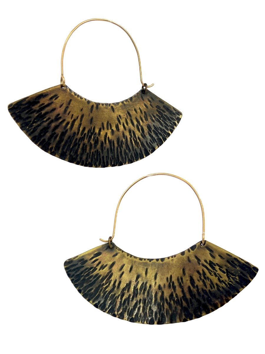 Antiqued Brass Bell Earrings with Hammered Cross Peen Pattern