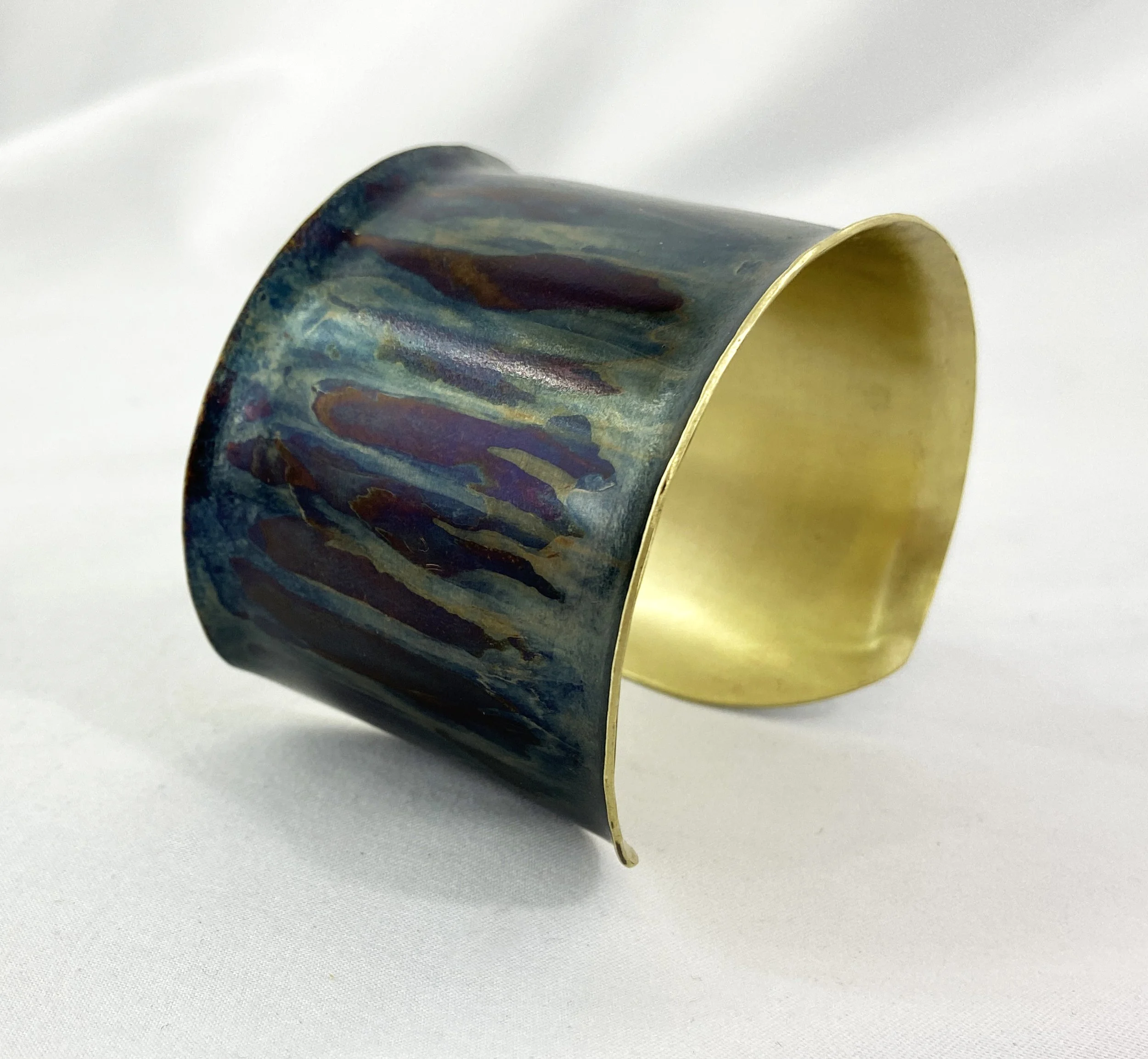 Flanged Torch Blue Brass Cuff Bracelet (2" wide)