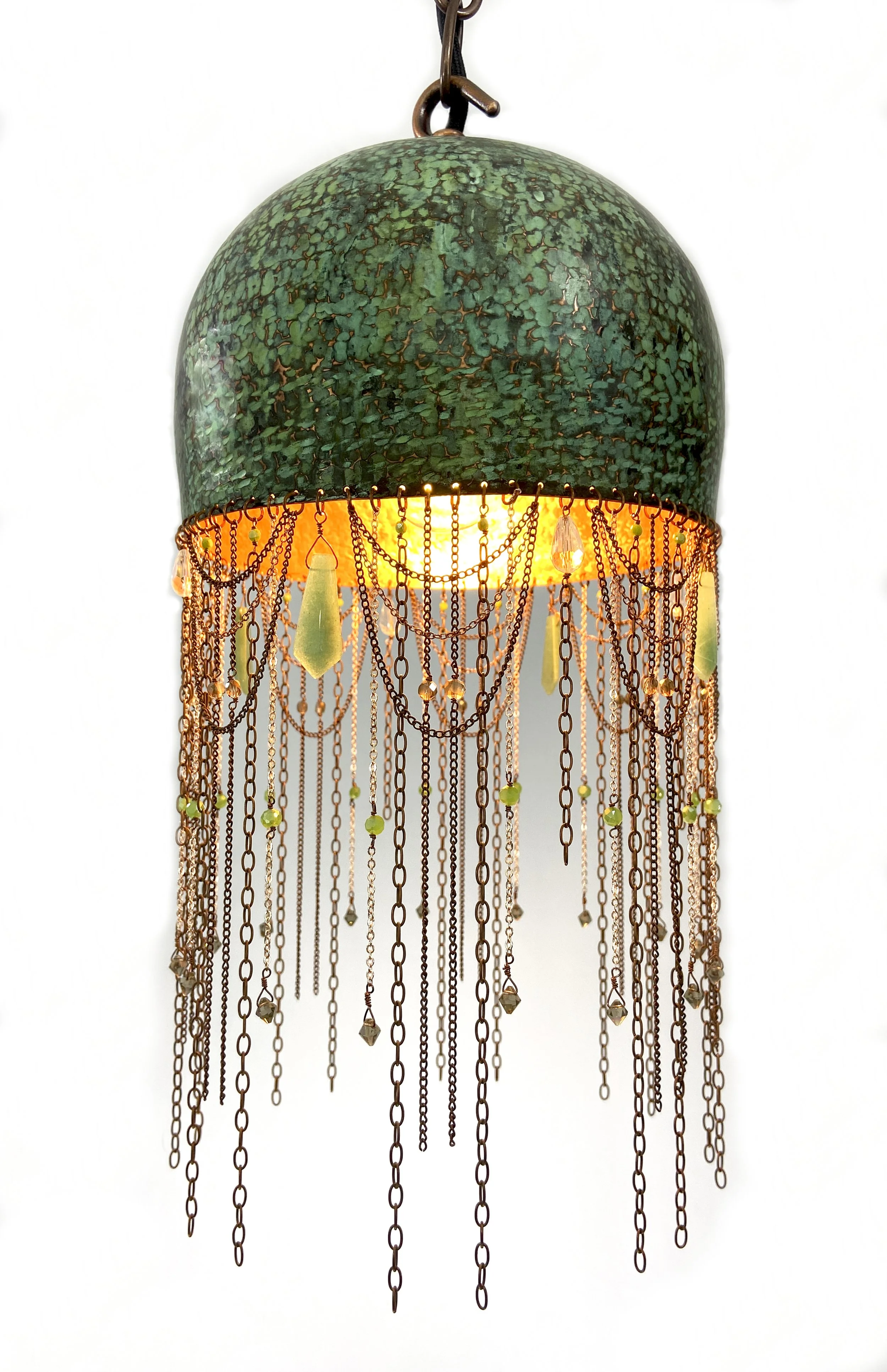 Green Pendant Lamp Chain Chandelier with Adventurine & Smokey Quartz