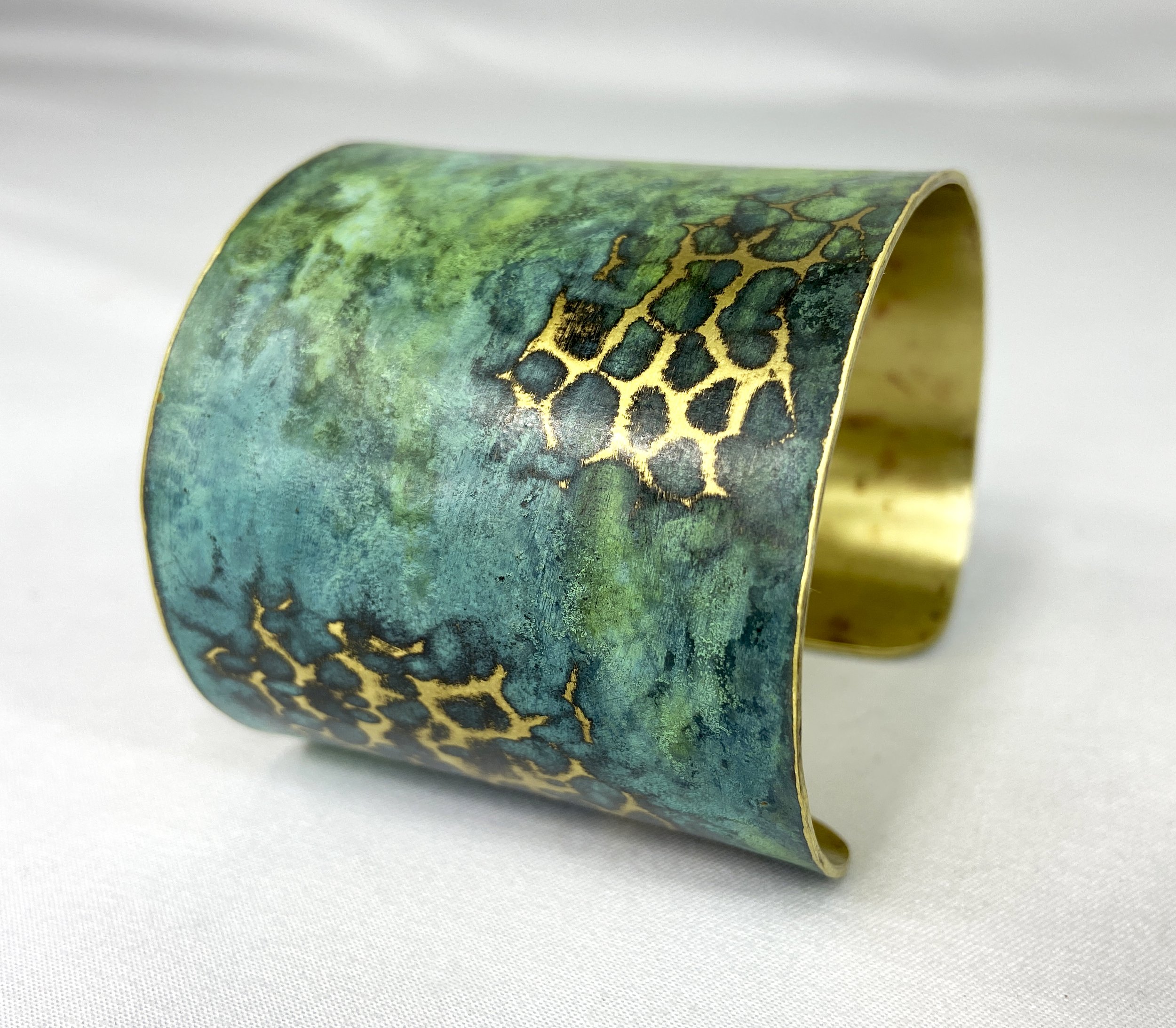 Tiffany Green "Crackle" Brass Cuff Bracelet (2" wide, small)