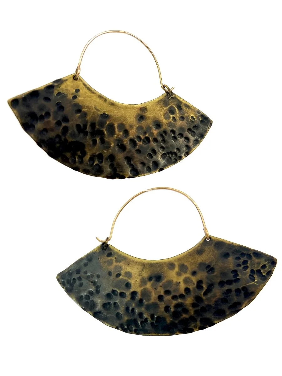 Hammered Antiqued Brass Bell Earrings with Ball Peen Pattern