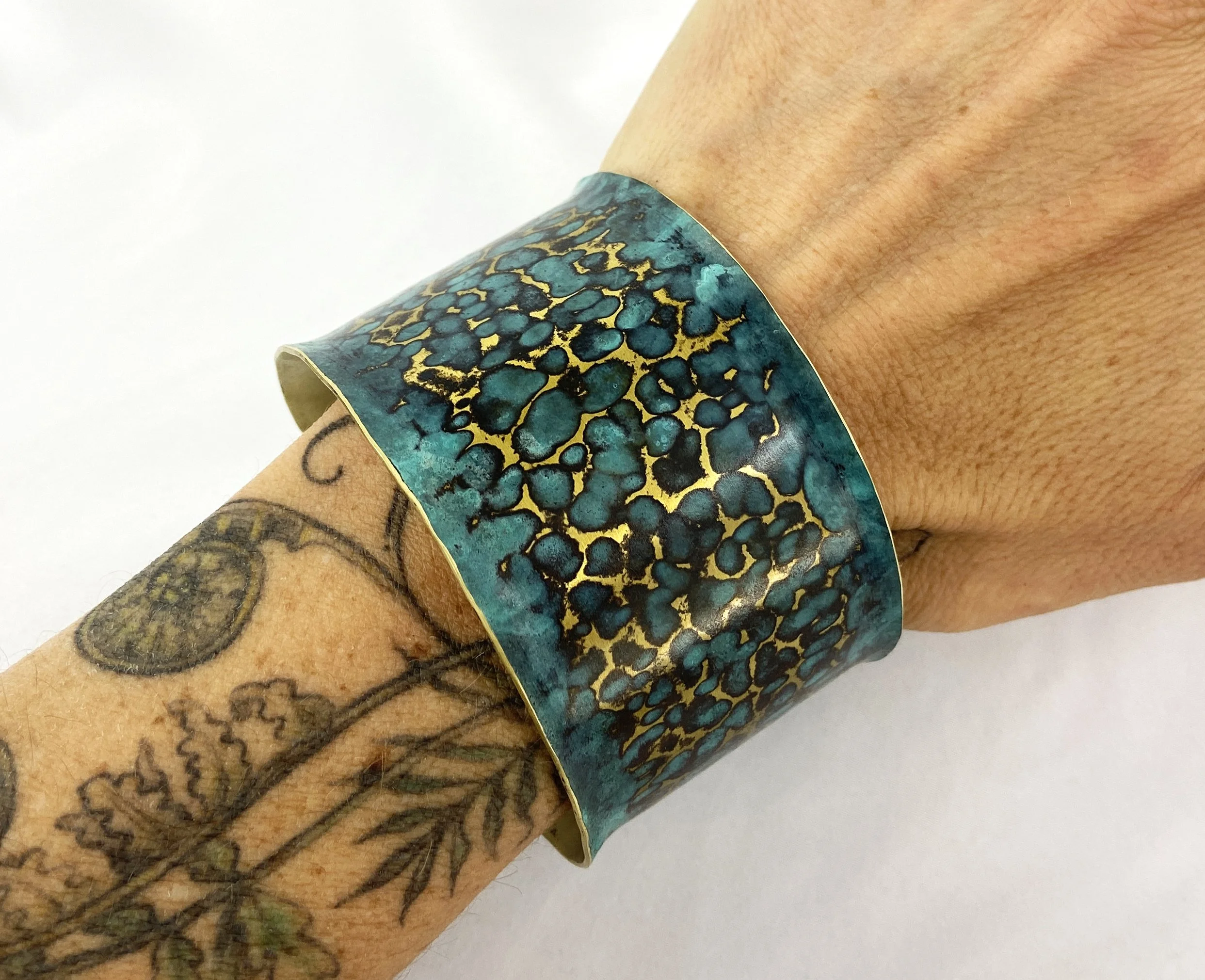 Hammered Flanged Brass Cuff with Cupric Blue Patina (2" wide)