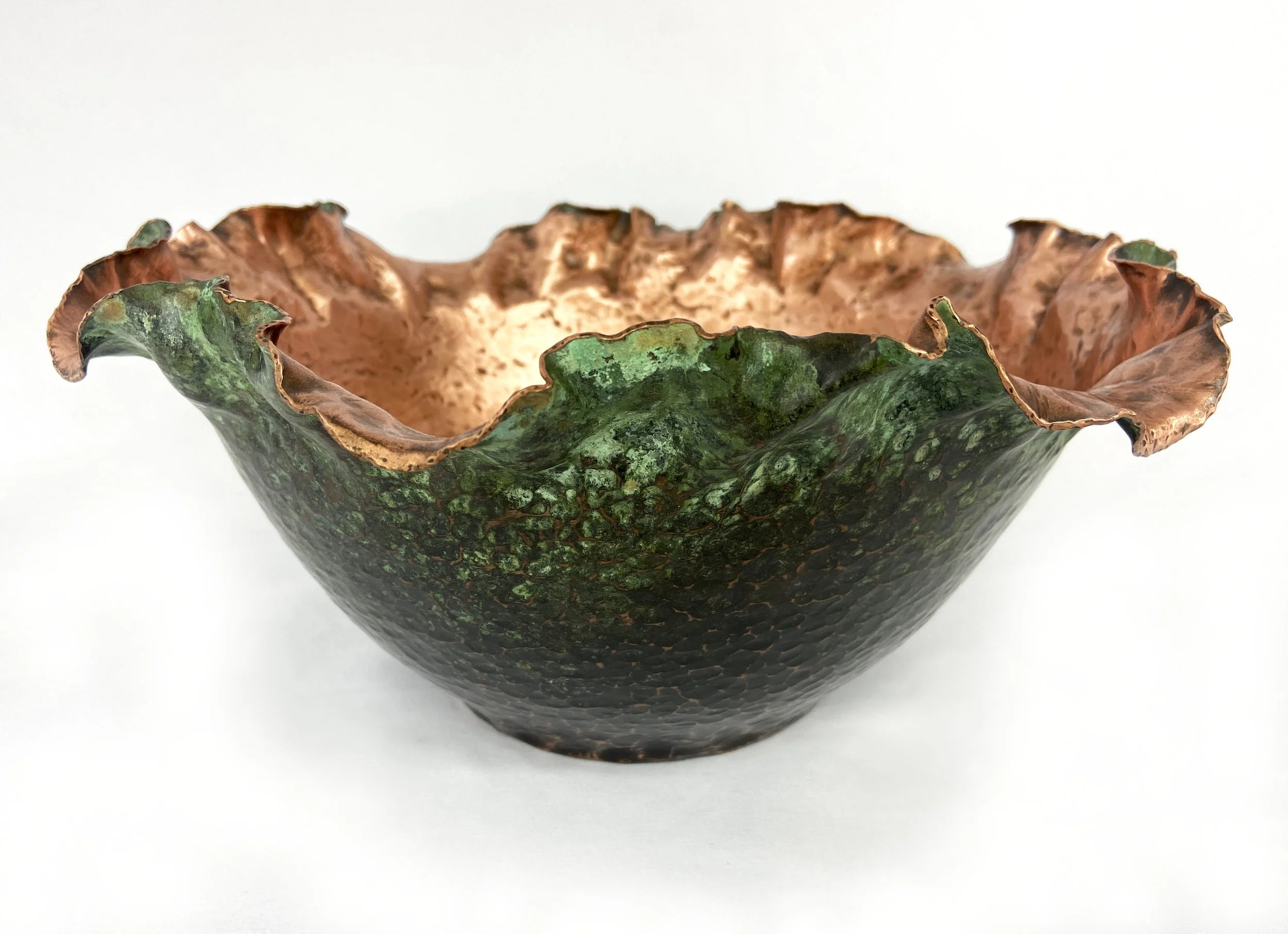 Hammered Copper Floral Serving Bowl (Green & Black, Large)