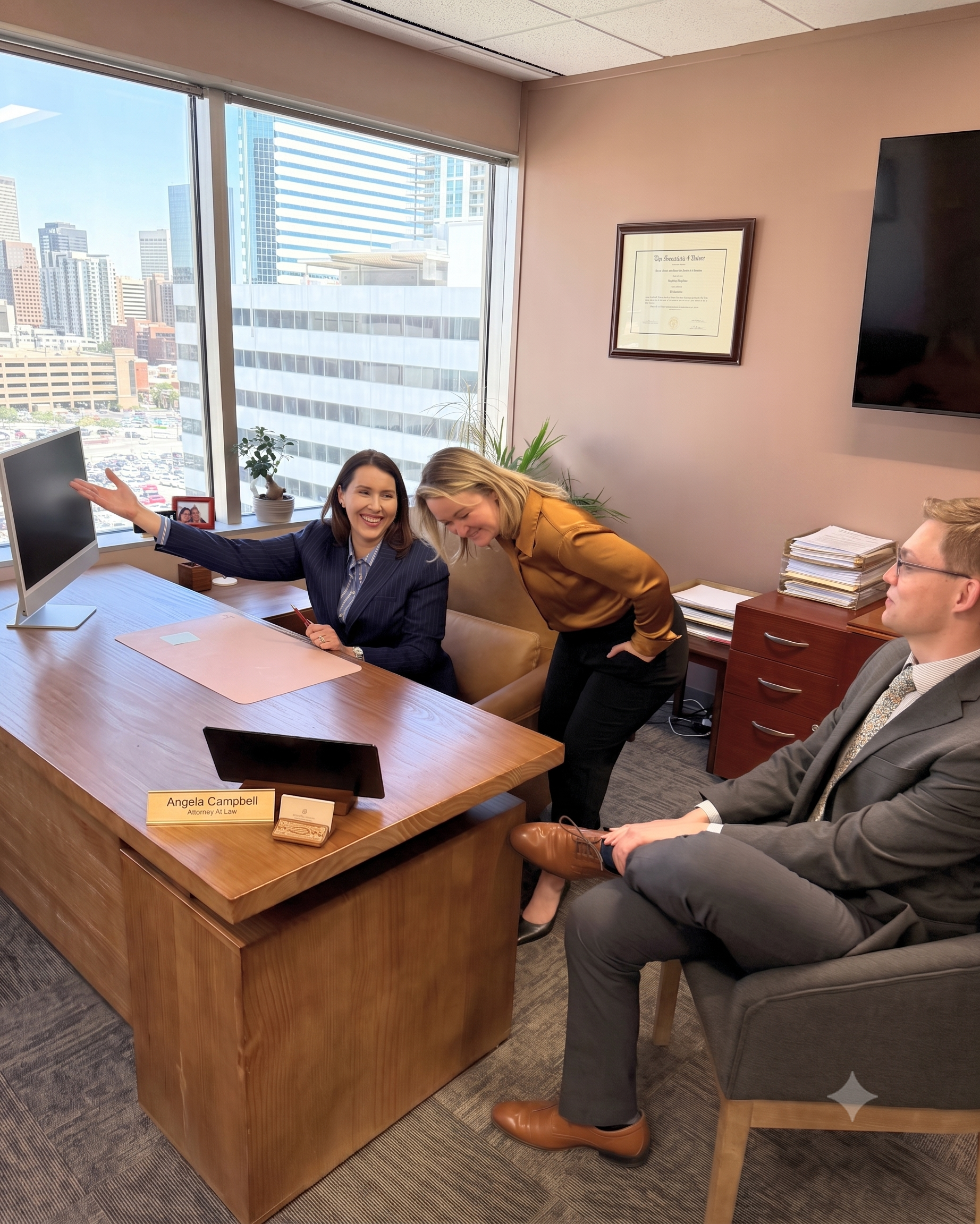 Two women are sitting at a conference table in a modern office, engaged in conversation. One woman, wearing a striped blazer, is smiling and gesturing with her arm. The other woman, leaning forward, is dressed in a brown jacket. On the table are a computer monitor, papers, and a pink folder. A man in a gray suit with glasses and a patterned tie sits partially visible on the right. The office has large windows with a cityscape view of tall buildings, and framed diplomas hang on the wall. There are plants on the windowsill and a stack of papers on a wooden side table.