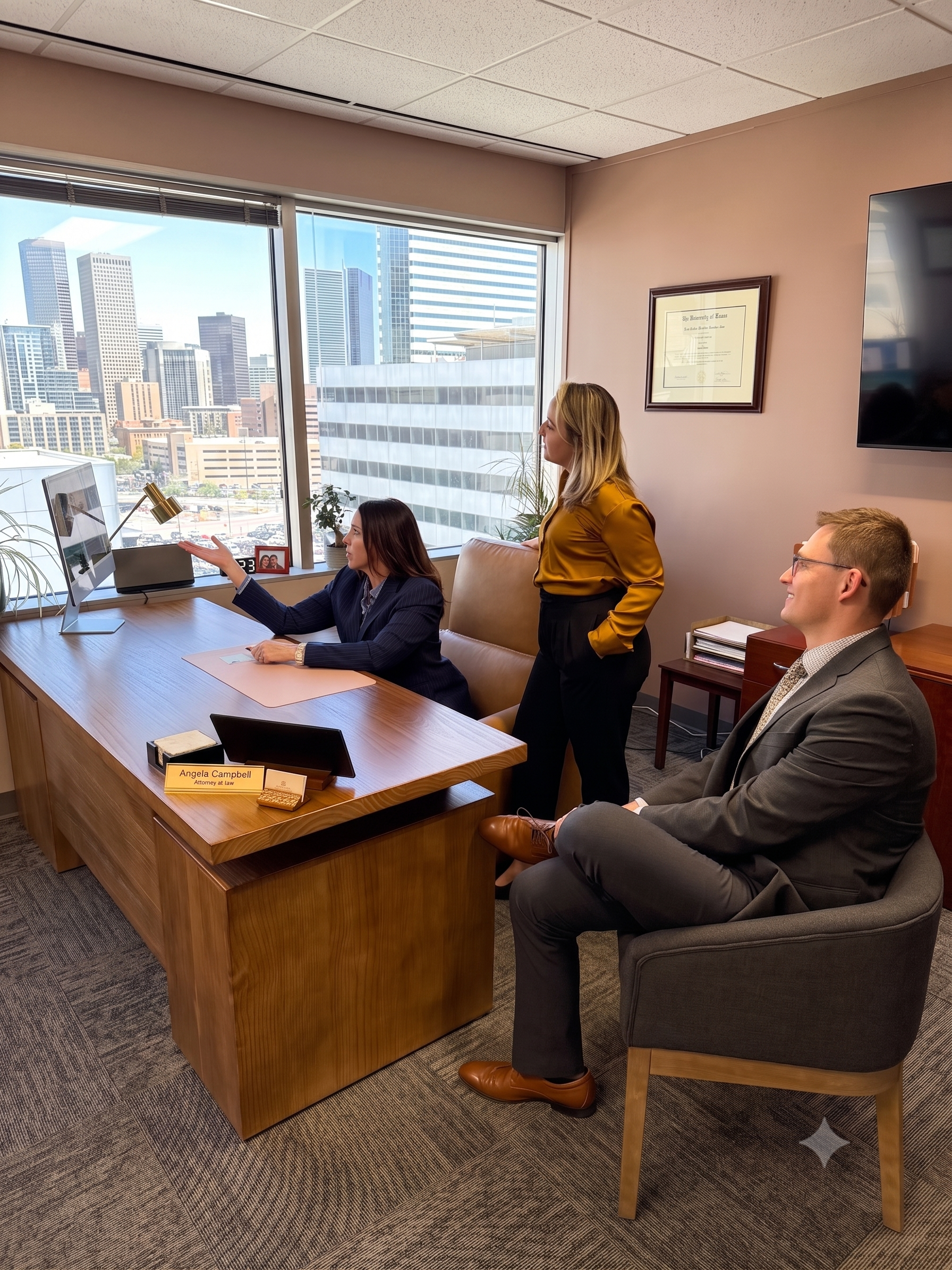 Three business professionals in a meeting room with large windows and a city view. One woman is seated at the desk, one woman stands, and one man sits in a chair. The desk has a computer, a desk lamp, and a nameplate.