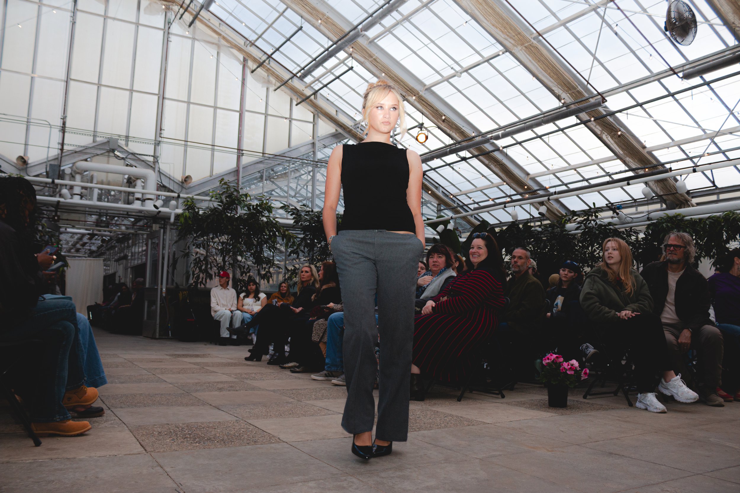 Wearing sleek knit top paired with low rise pinstripe office pant. Designed by me 