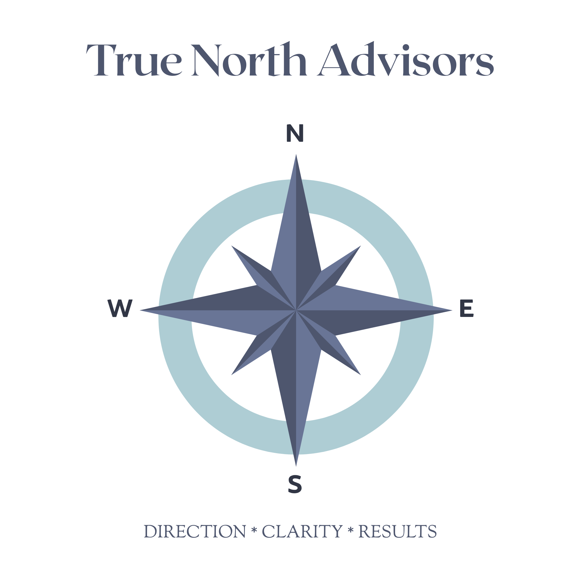 A compass with North, South, East, and West labeled, surrounded by a light blue target ring. Below, text reads 'DIRECTION * CLARITY * RESULTS'.