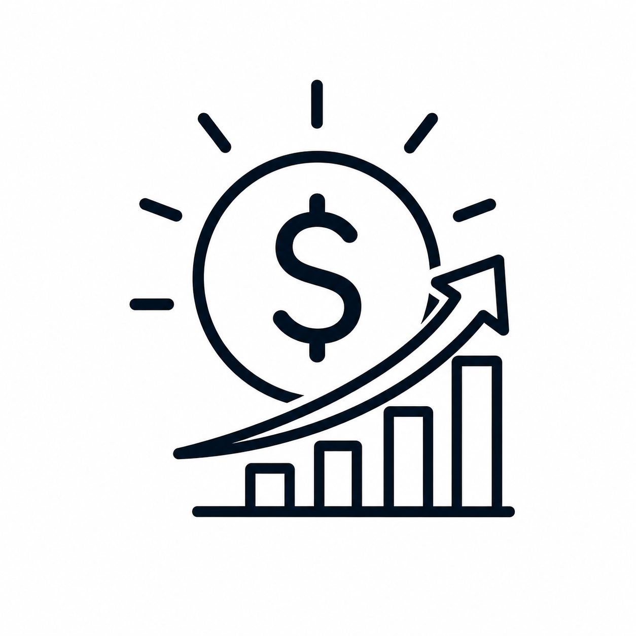 Symbol für finanzielles Wachstum mit aufsteigendem Balkendiagramm, Graph mit Pfeil und Dollarzeichen, Darstellung von Einkommen oder Investitionen